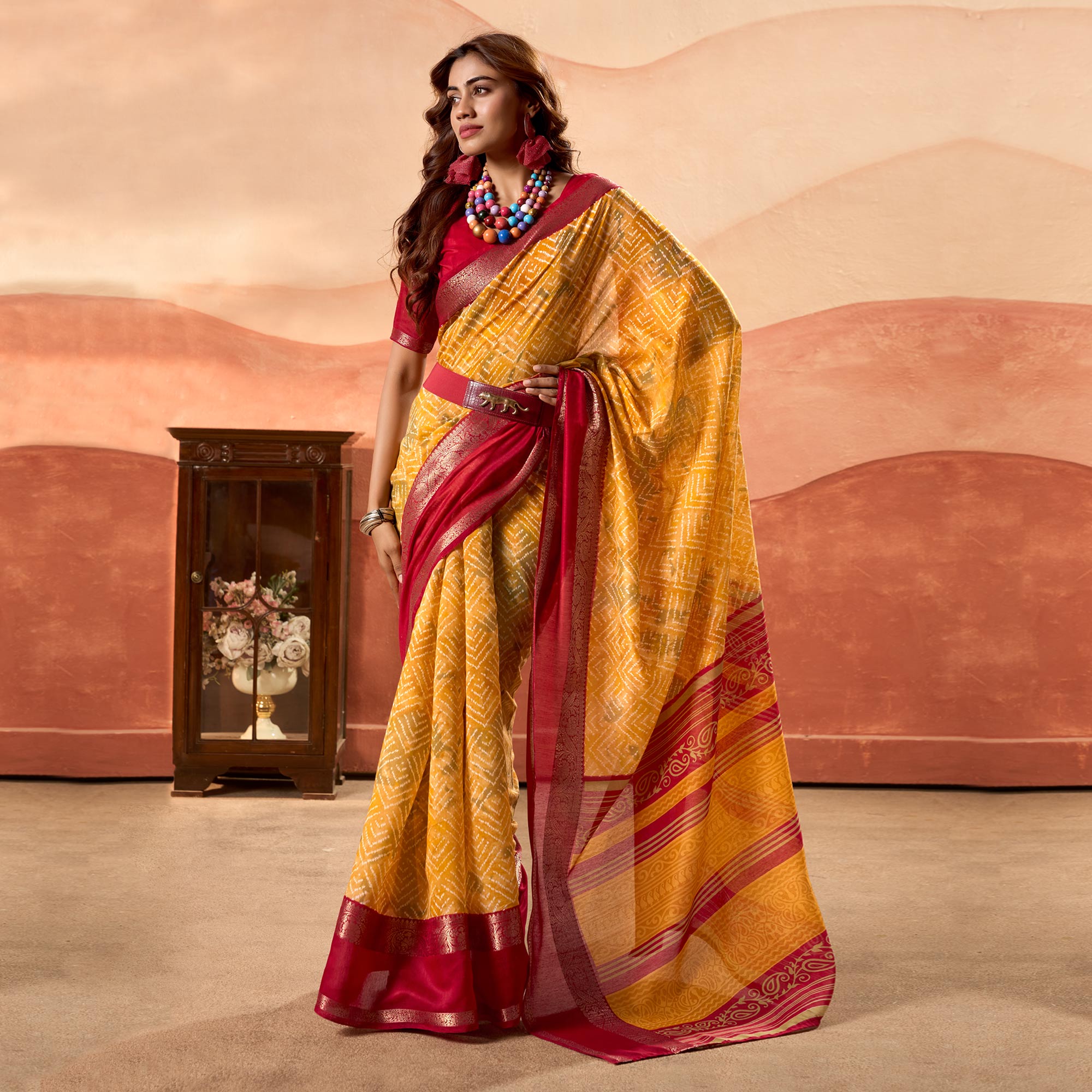 Yellow Printed Cotton Silk Saree With Zari Border