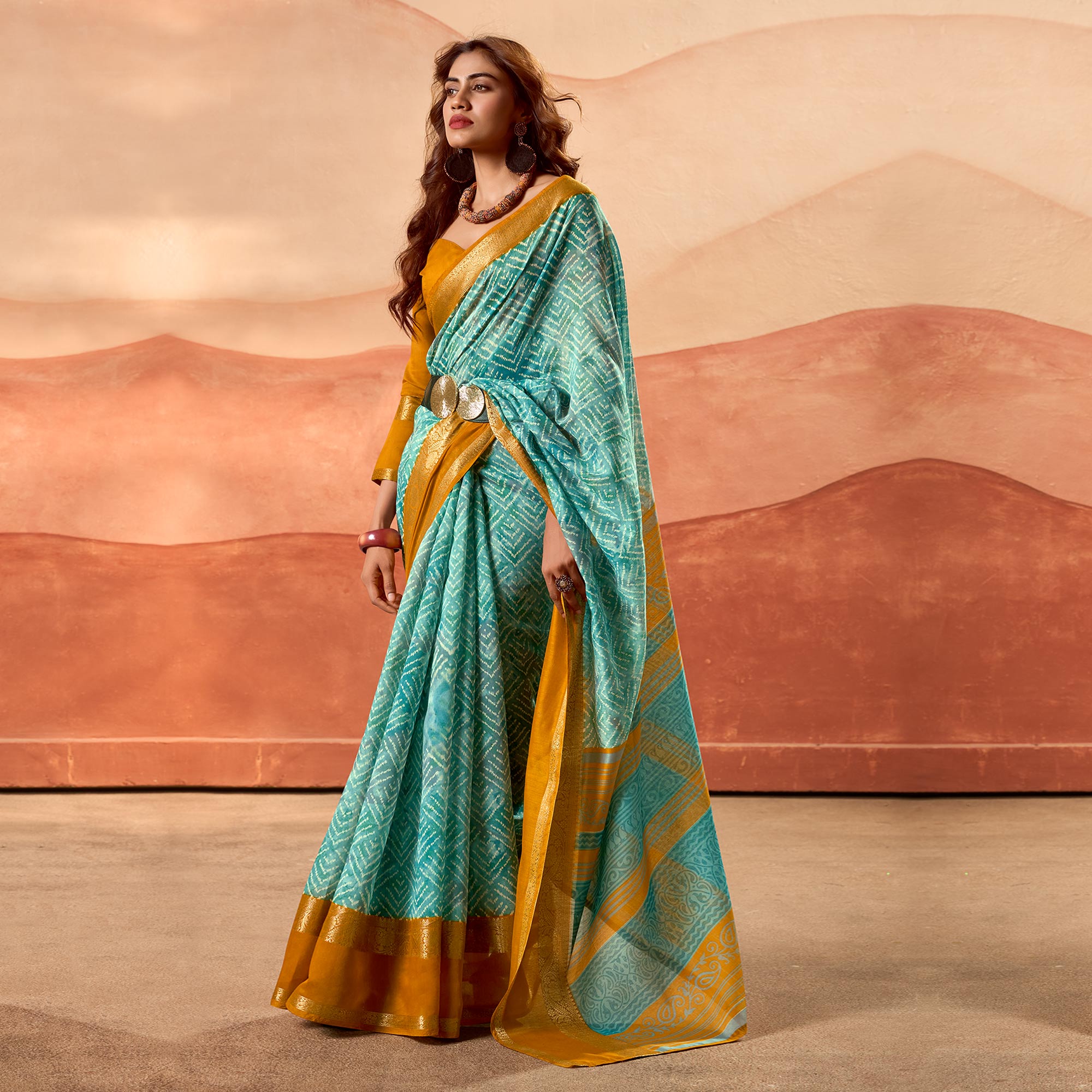 Rama Blue Printed Cotton Silk Saree With Zari Border