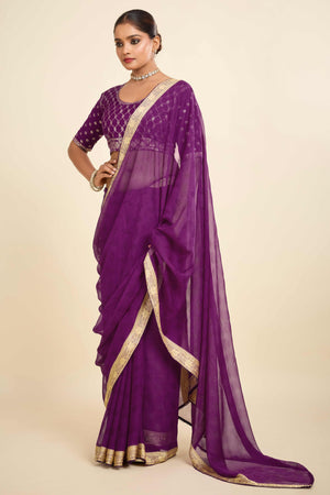 Purple Printed Chiffon Saree with Intricate Woven Edging