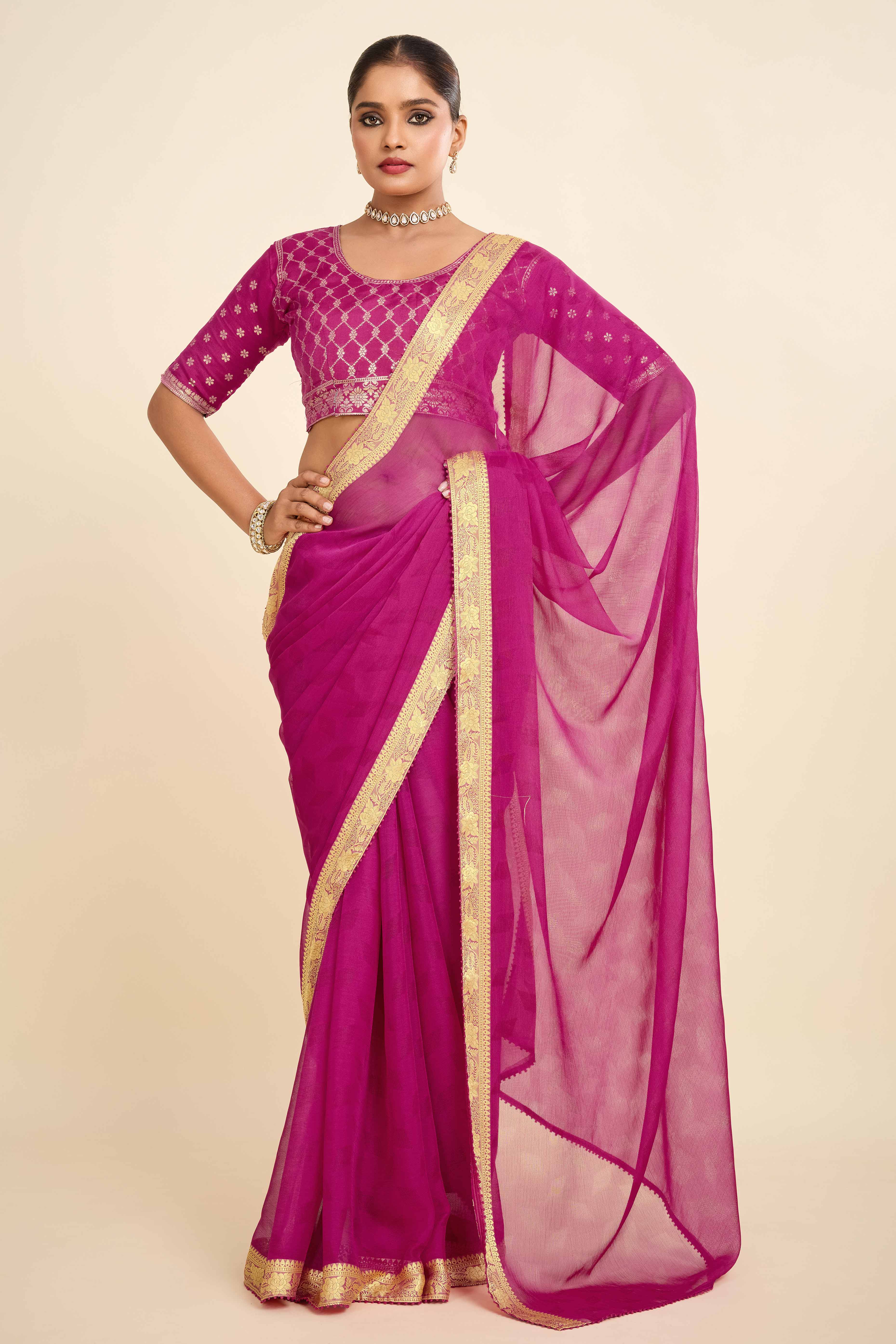 Pink Printed Chiffon Saree with Intricate Woven Edging