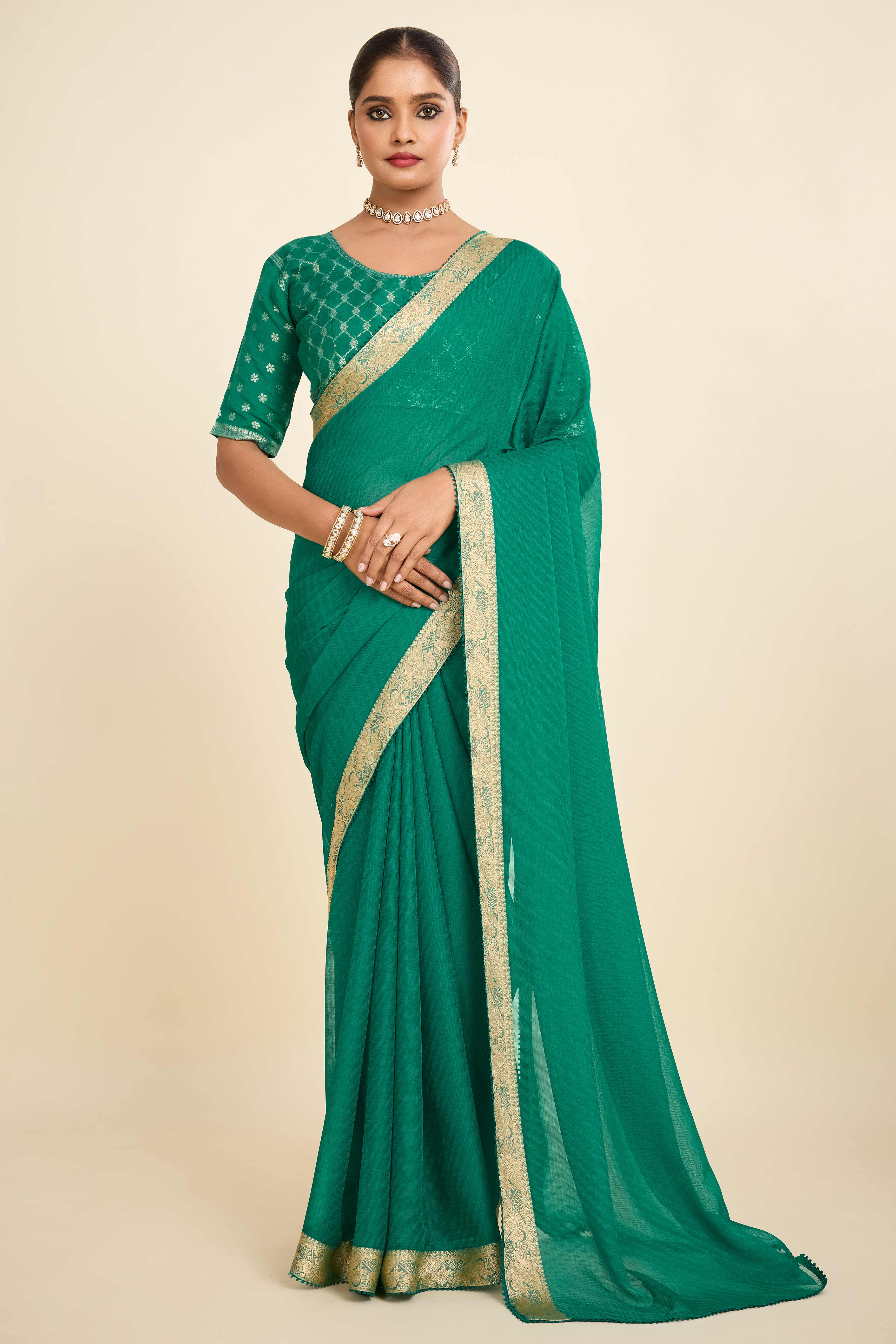Rama Green Printed Chiffon Saree with Intricate Woven Edging