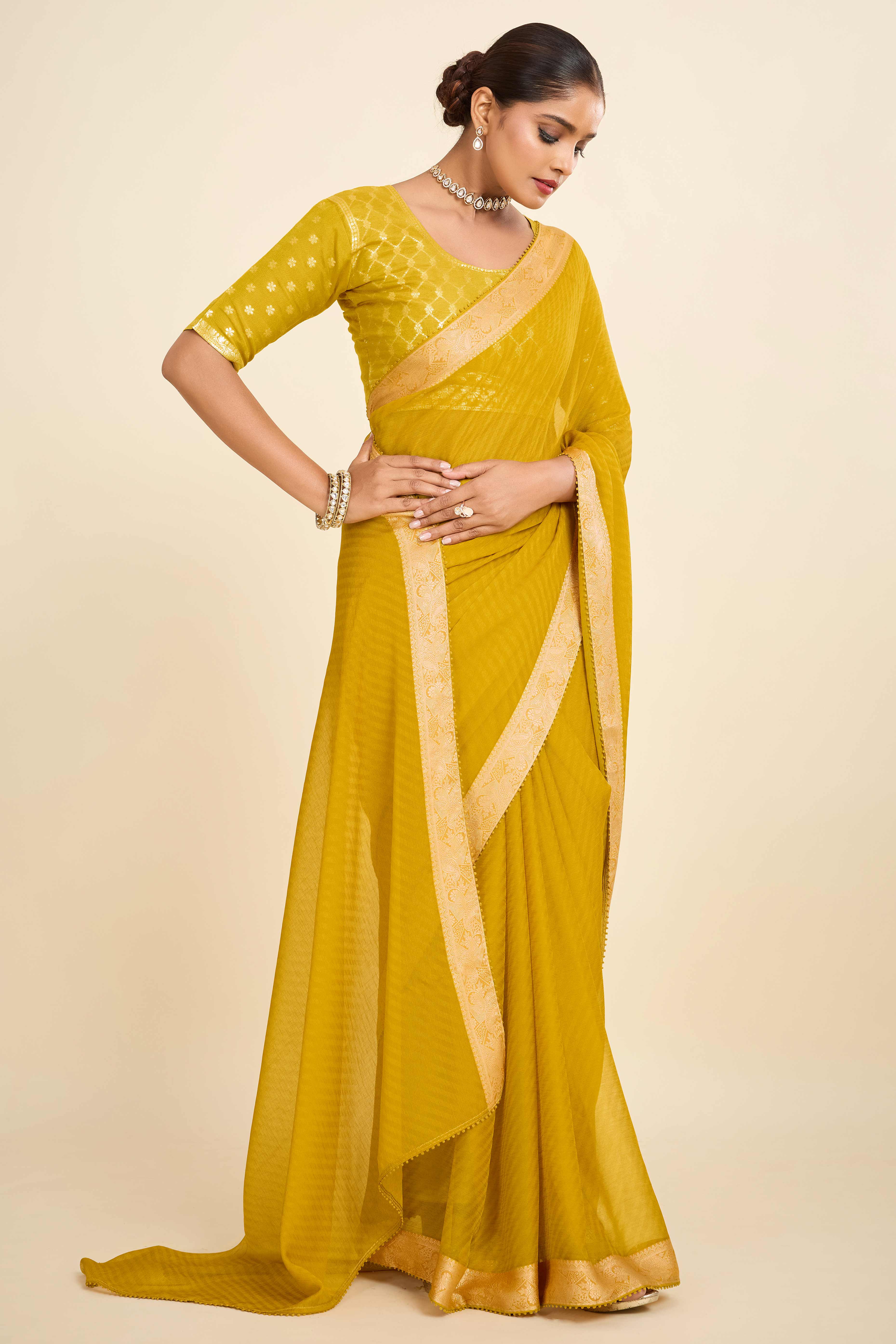 Mustard Printed Chiffon Saree with Intricate Woven Edging
