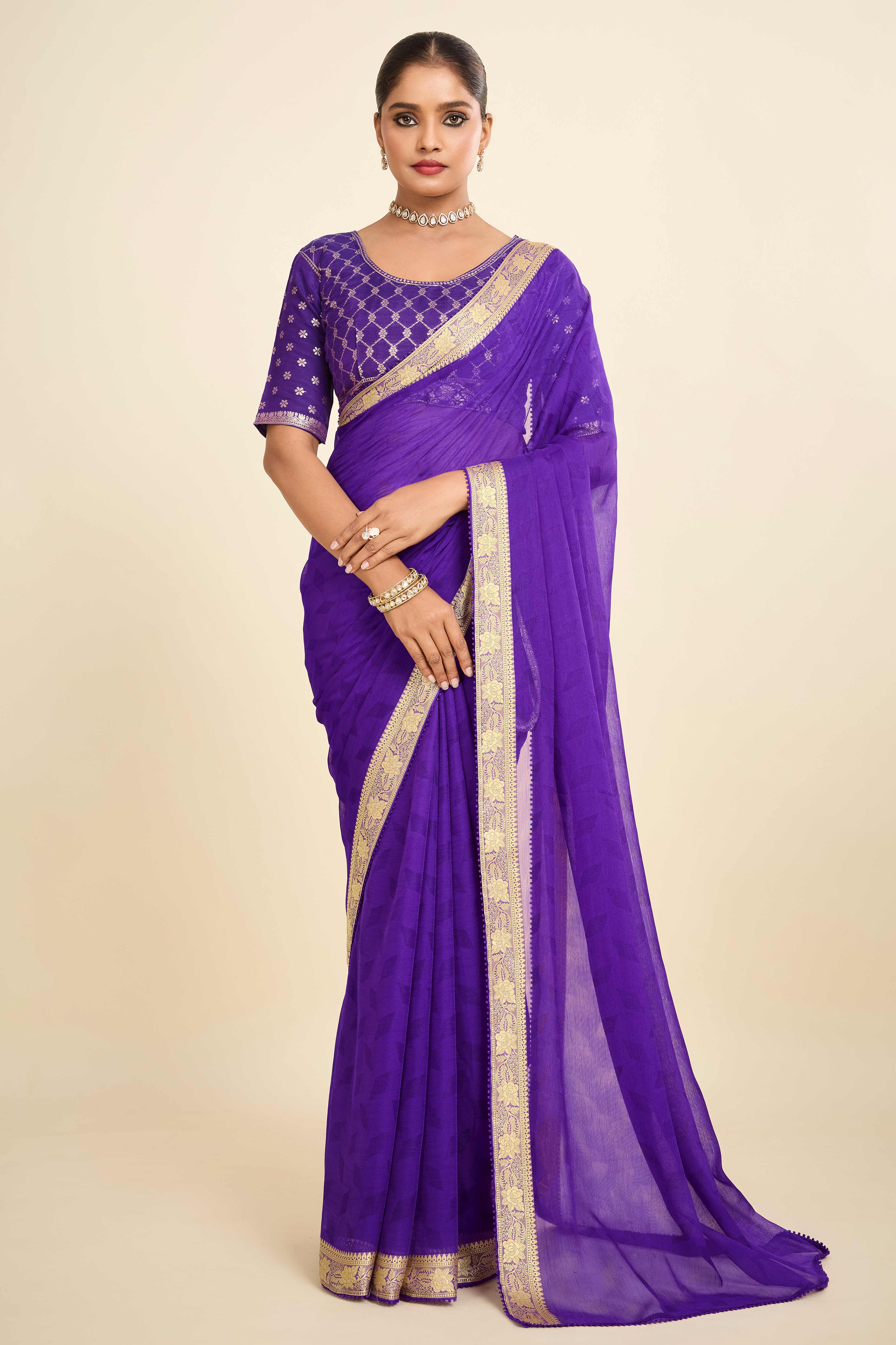 Violet Printed Chiffon Saree with Intricate Woven Edging