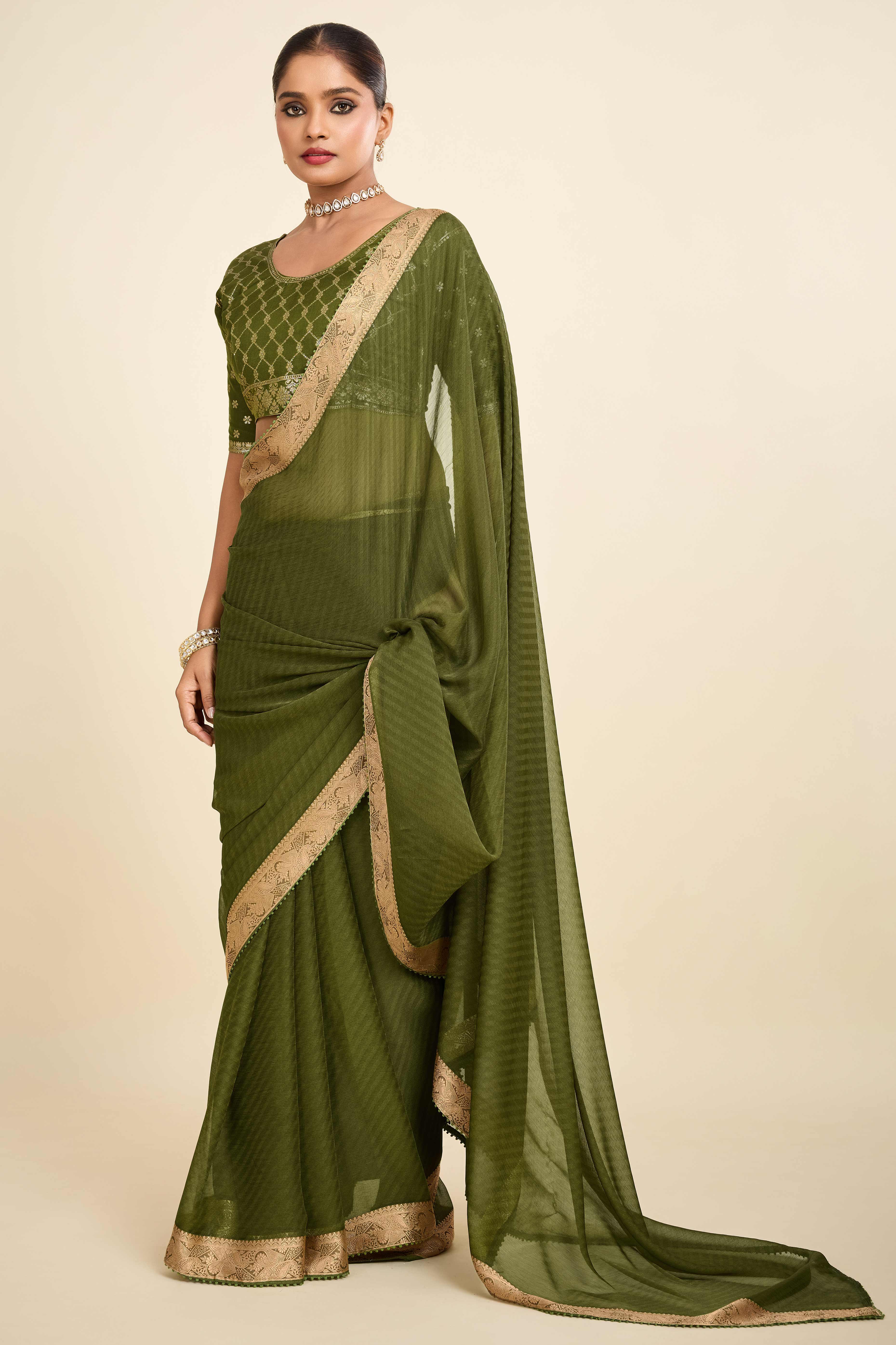 Green Printed Chiffon Saree with Intricate Woven Edging