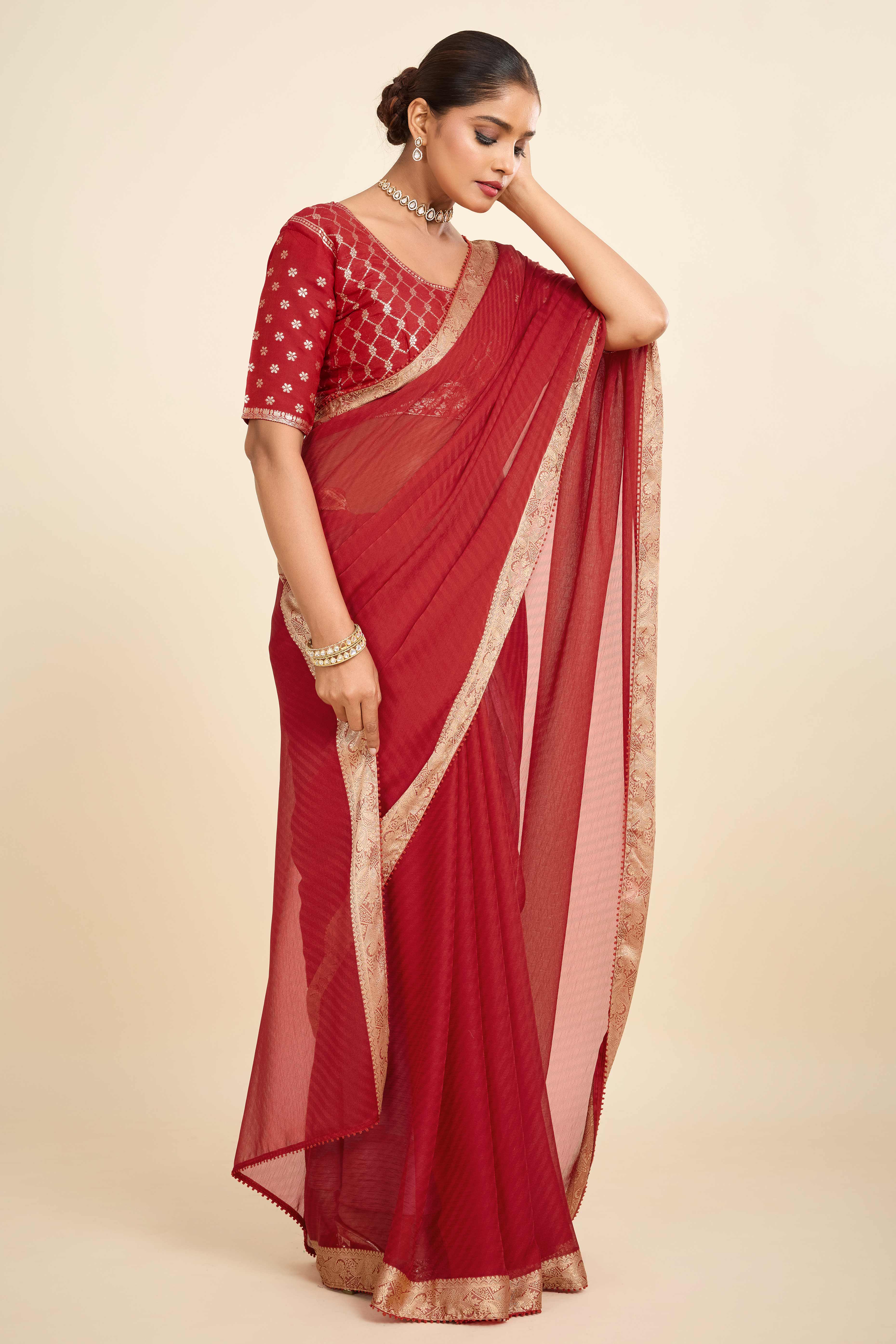 Red Printed Chiffon Saree with Intricate Woven Edging