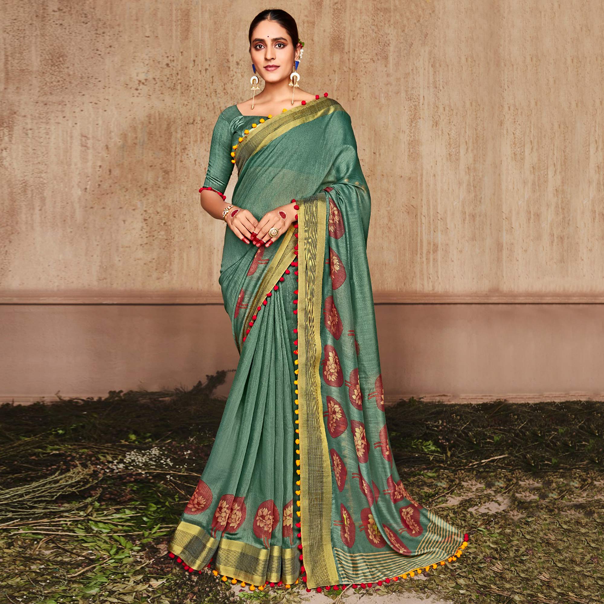 Green Printed Pure Cotton Saree