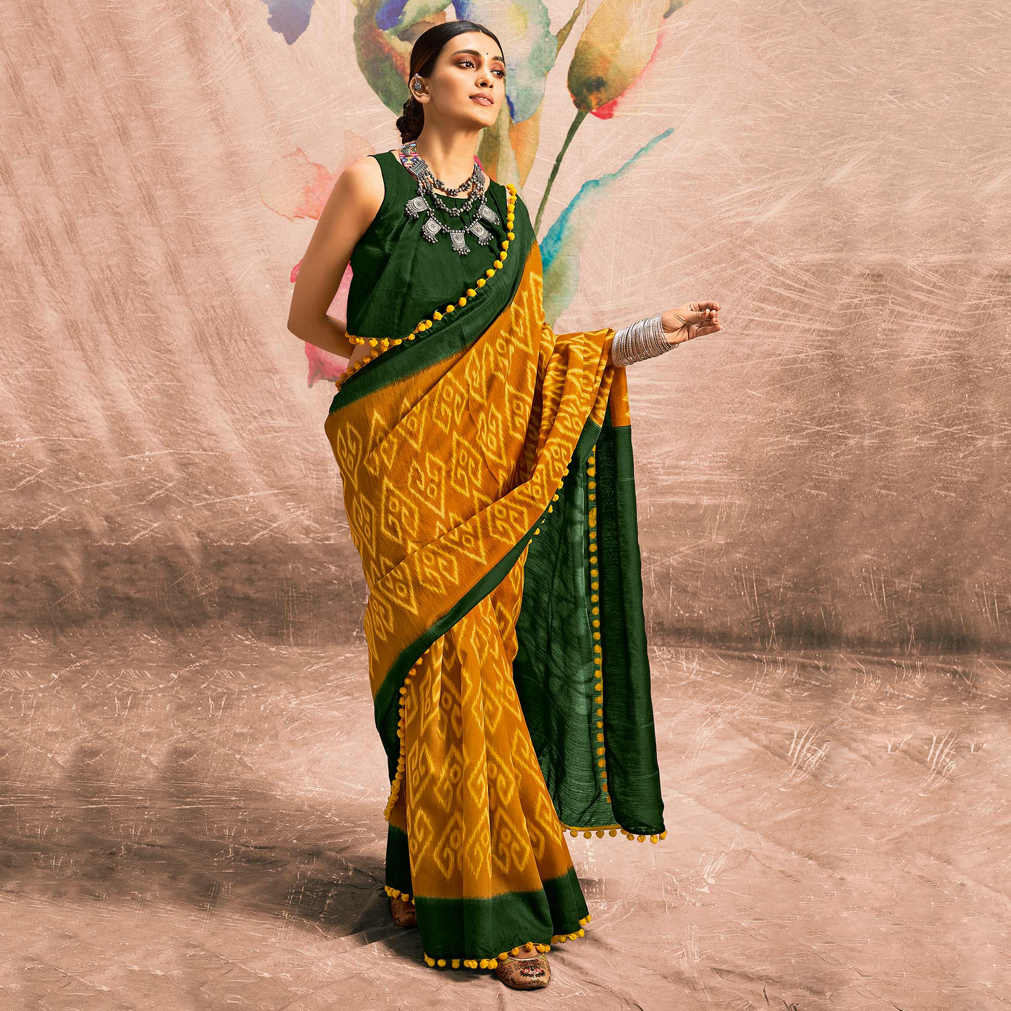 Mustard  & Green Printed Pure Cotton Saree