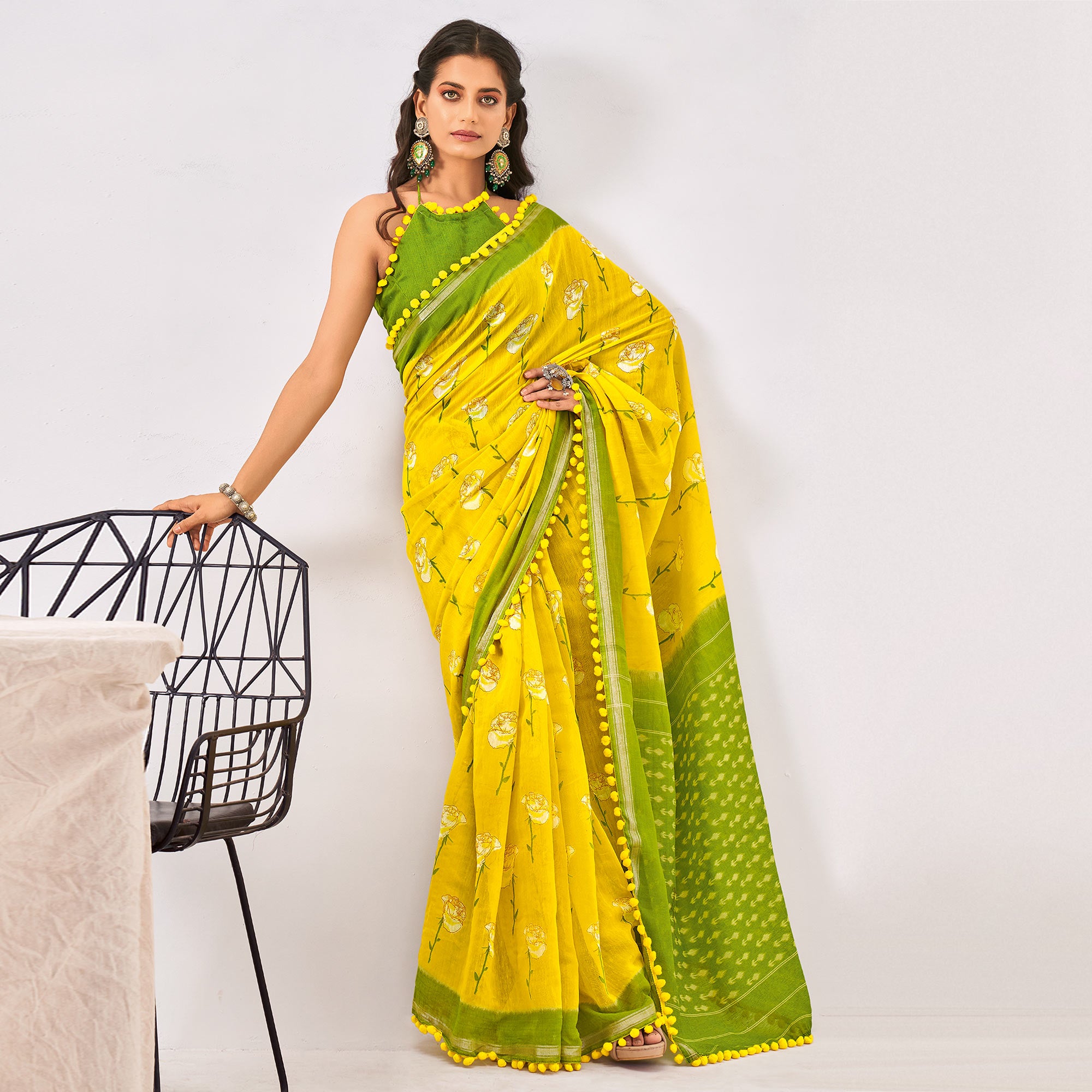 Yellow & Green Printed Pure Cotton Saree