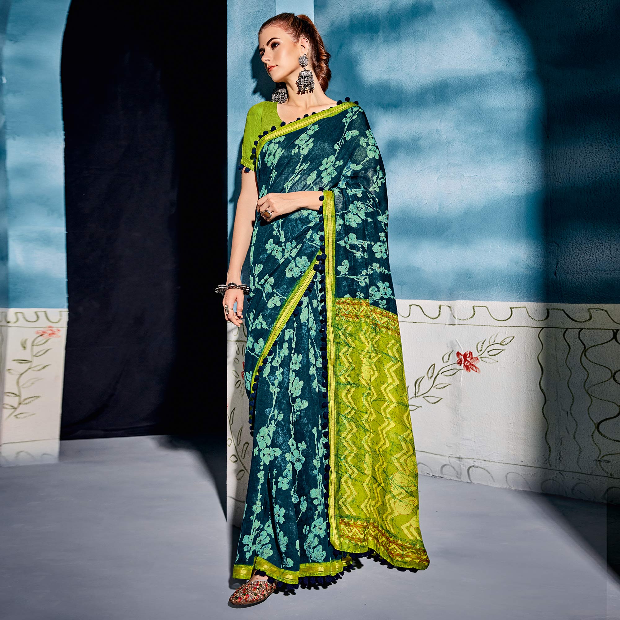 Teal Printed Pure Cotton Saree