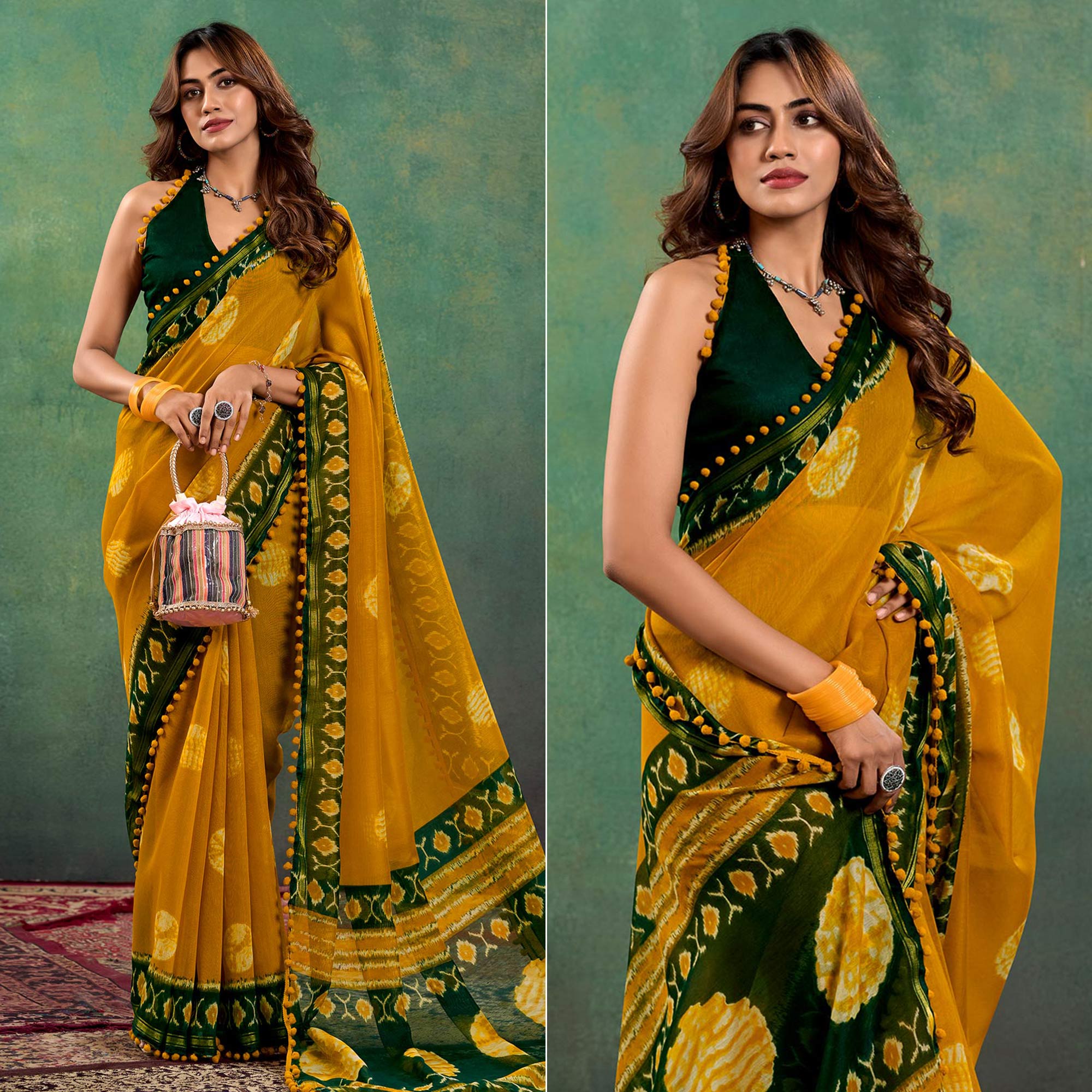 Mustard Ikkat Printed Mul Mul Cotton Saree