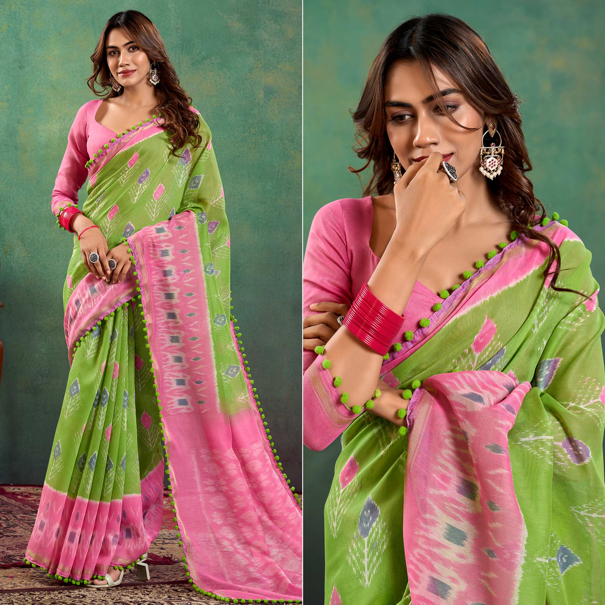Green Ikkat Printed Mul Mul Cotton Saree