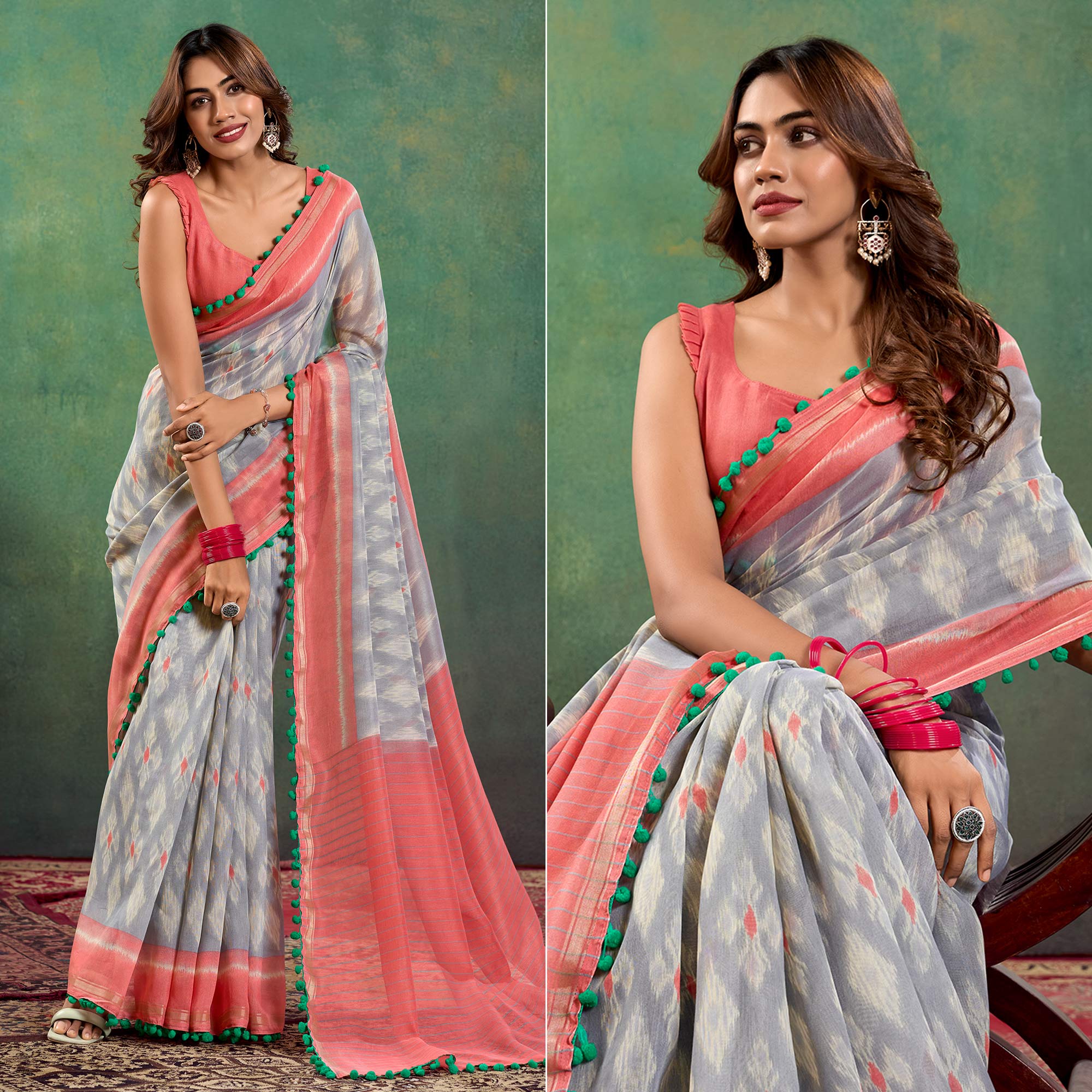 Grey Ikkat Printed Mul Mul Cotton Saree