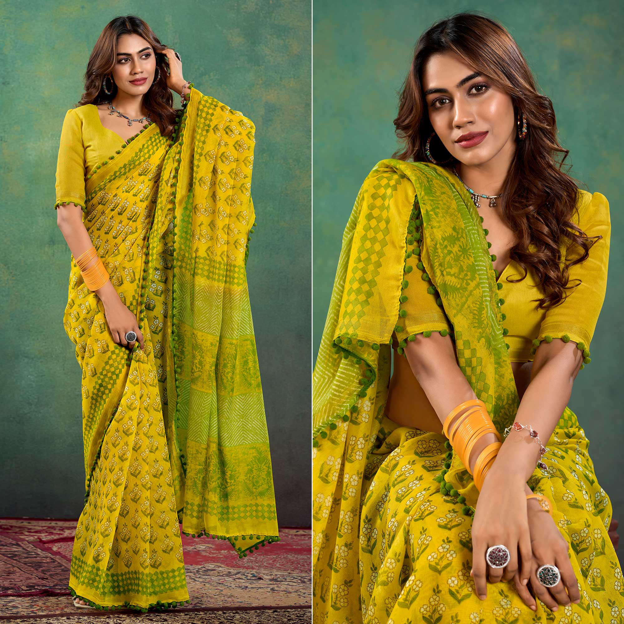 Mustard Floral Printed Mul Mul Cotton Saree