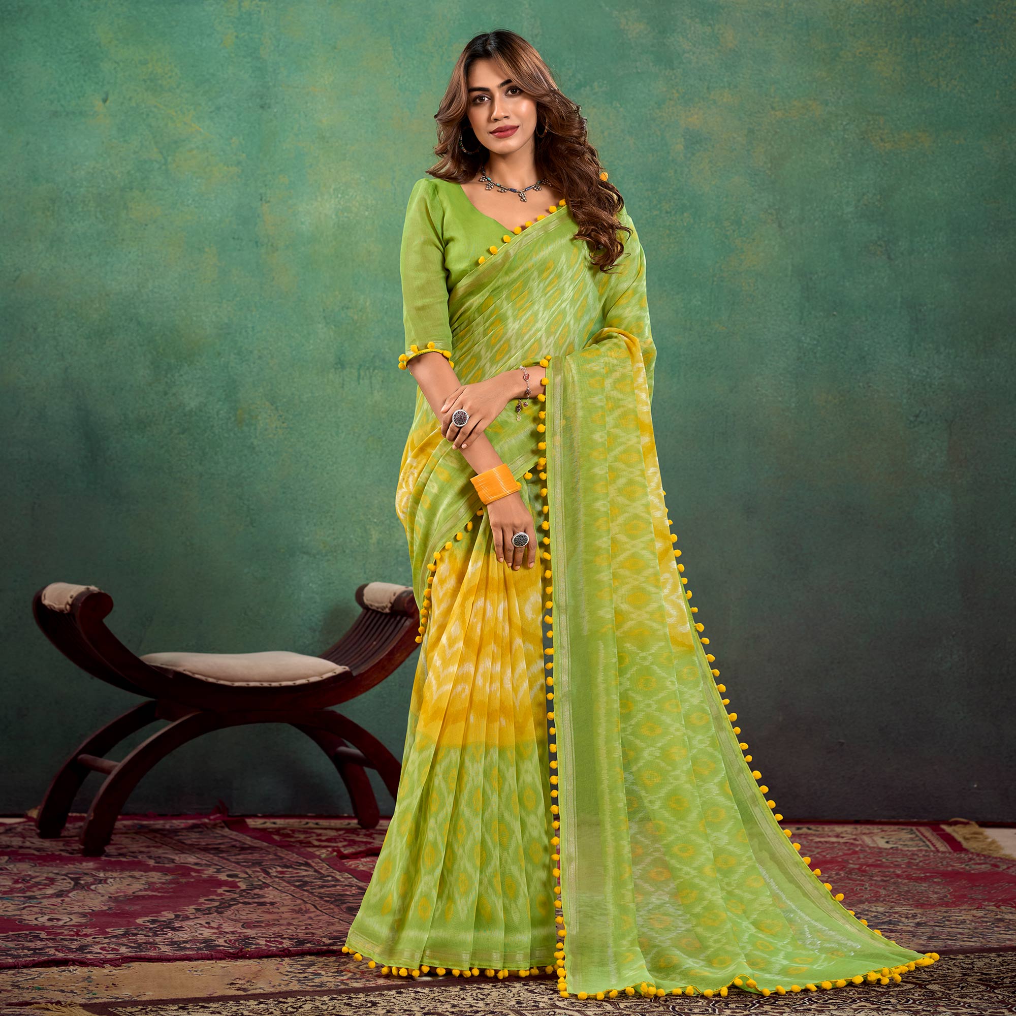 Green & Yellow Ikkat Printed Mul Mul Cotton Saree