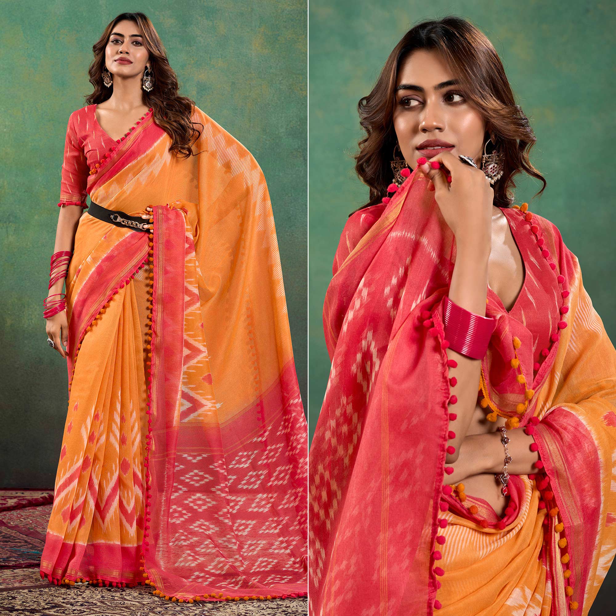 Orange Ikkat Printed Mul Mul Cotton Saree