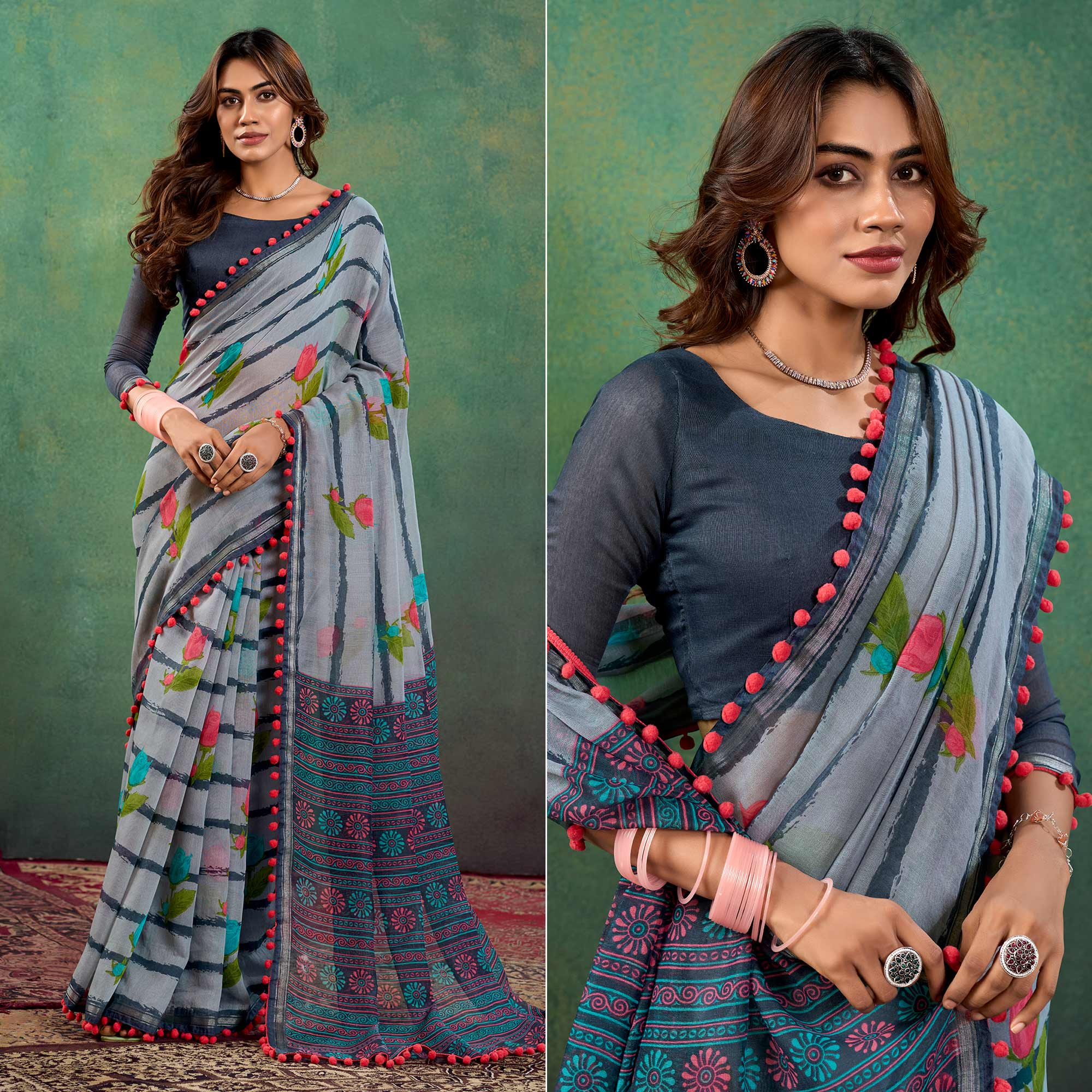 Grey Floral Printed Mul Mul Cotton Saree