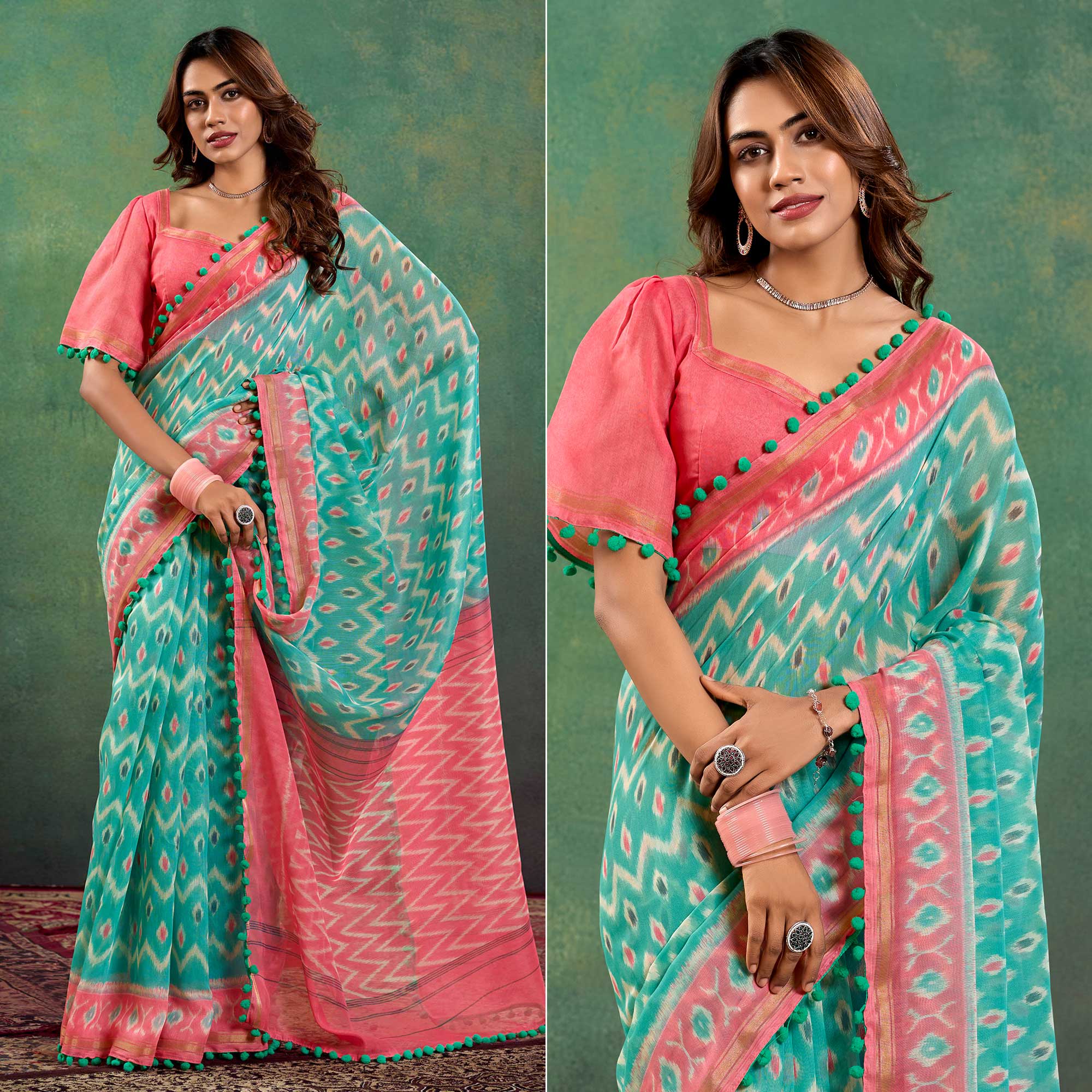 Turquoise Ikkat Printed Mul Mul Cotton Saree