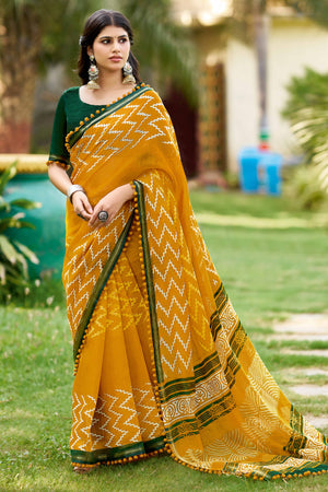 Comfortable Mustard Zig-Zag Printed Saree in Pure Mul Cotton