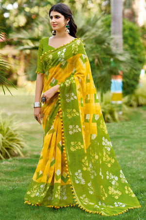 Casual Yellow Floral Print Saree in Lightweight Pure Mul Cotton