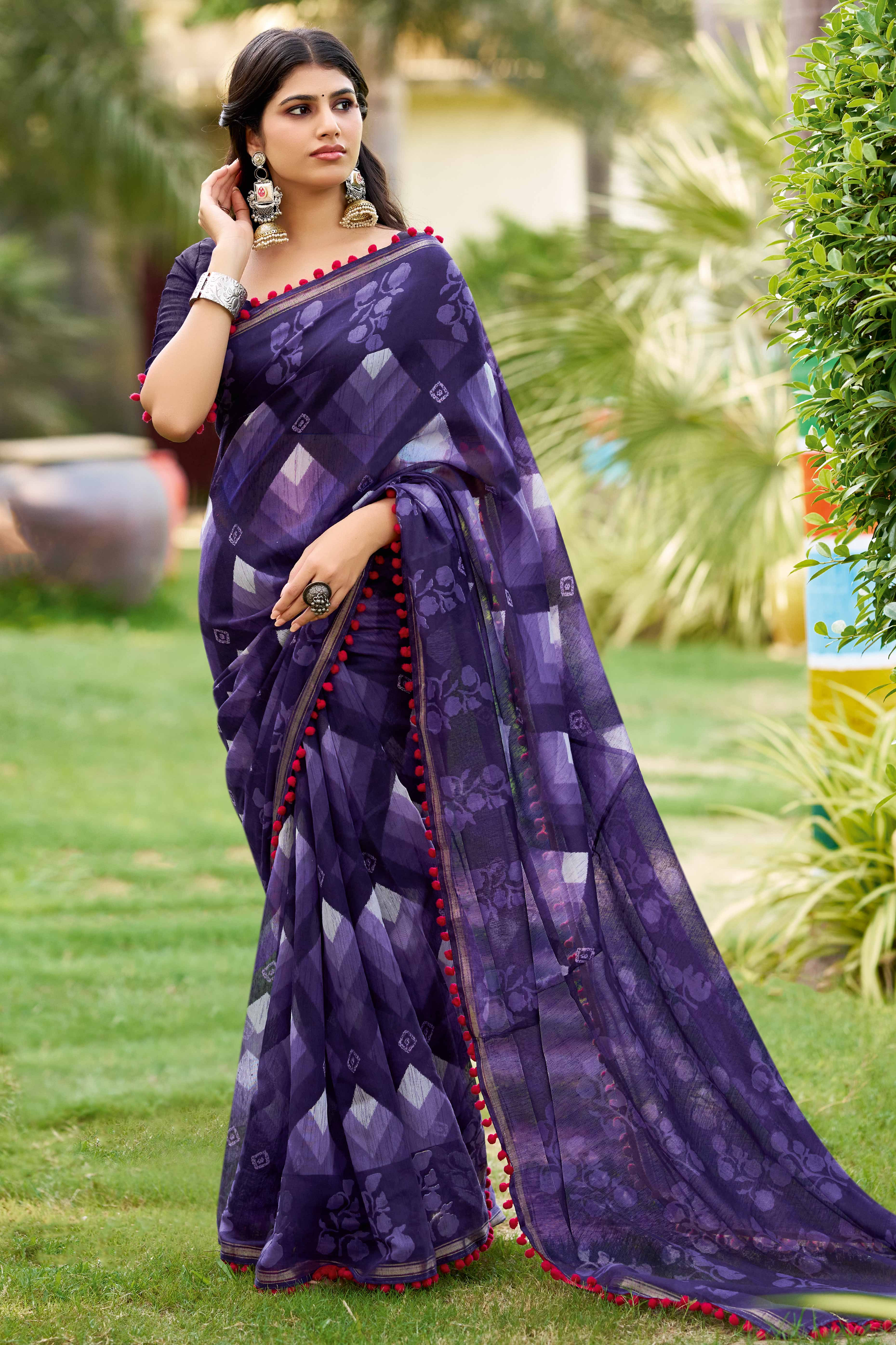 Casual Purple Geometric Print Saree in Lightweight Pure Mul Cotton