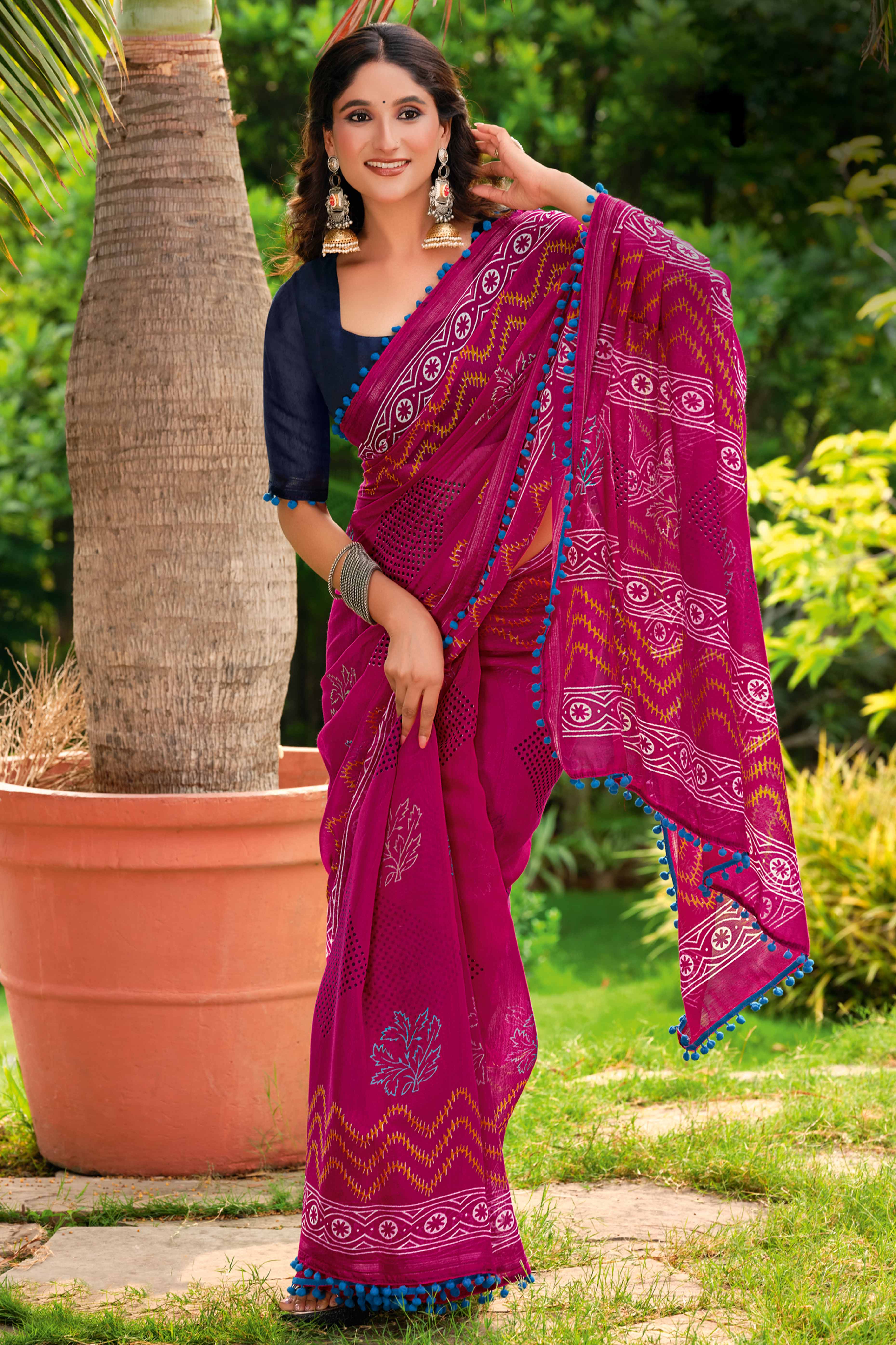 Pink Cotton Saree with Modern Abstract Prints and Feminine Lace Trim