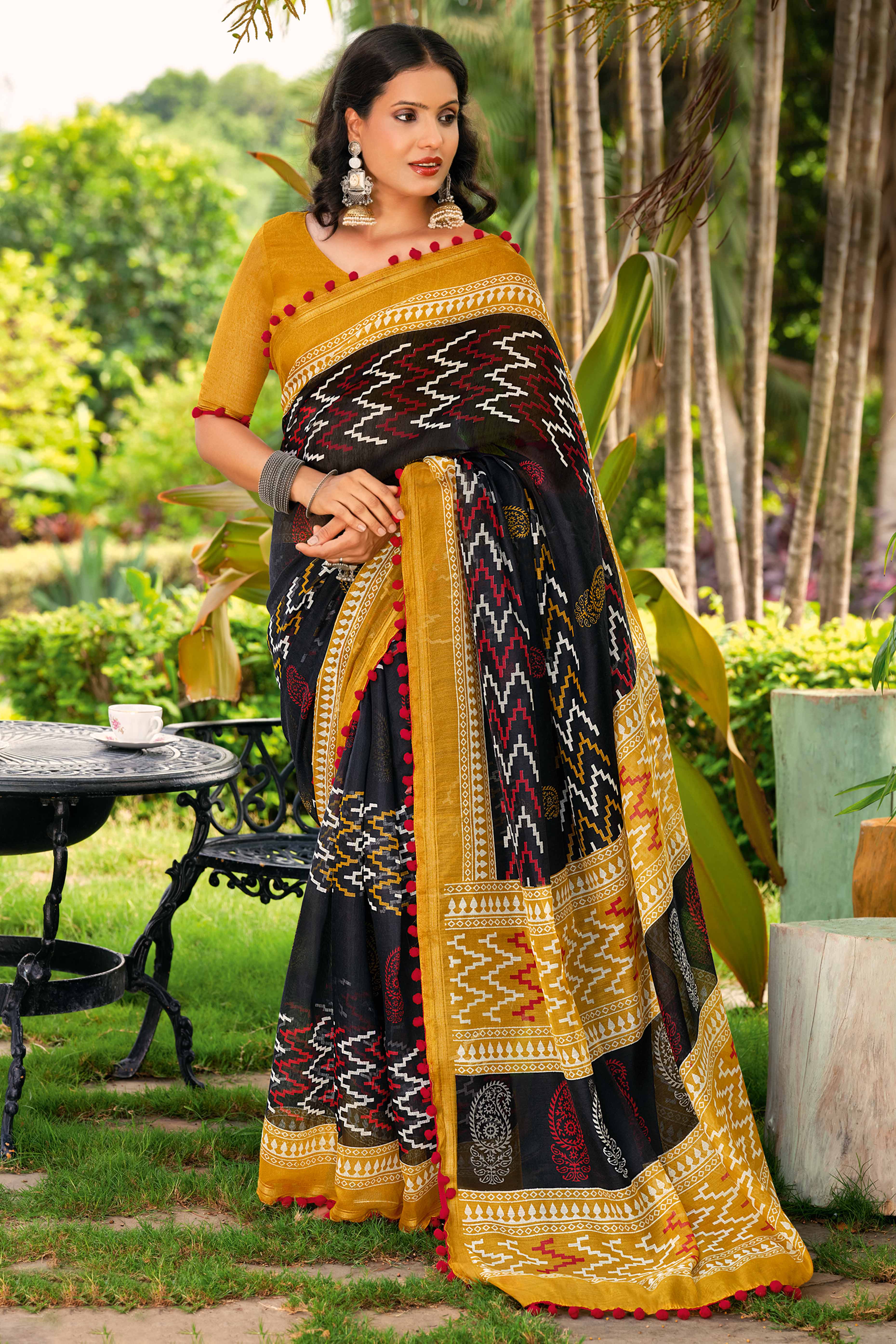 Black Cotton Saree with Modern Abstract Prints and Feminine Lace Trim