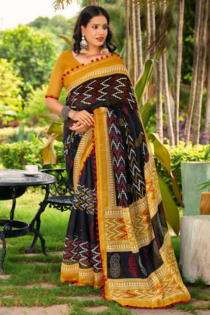 Black Cotton Saree with Modern Abstract Prints and Feminine Lace Trim
