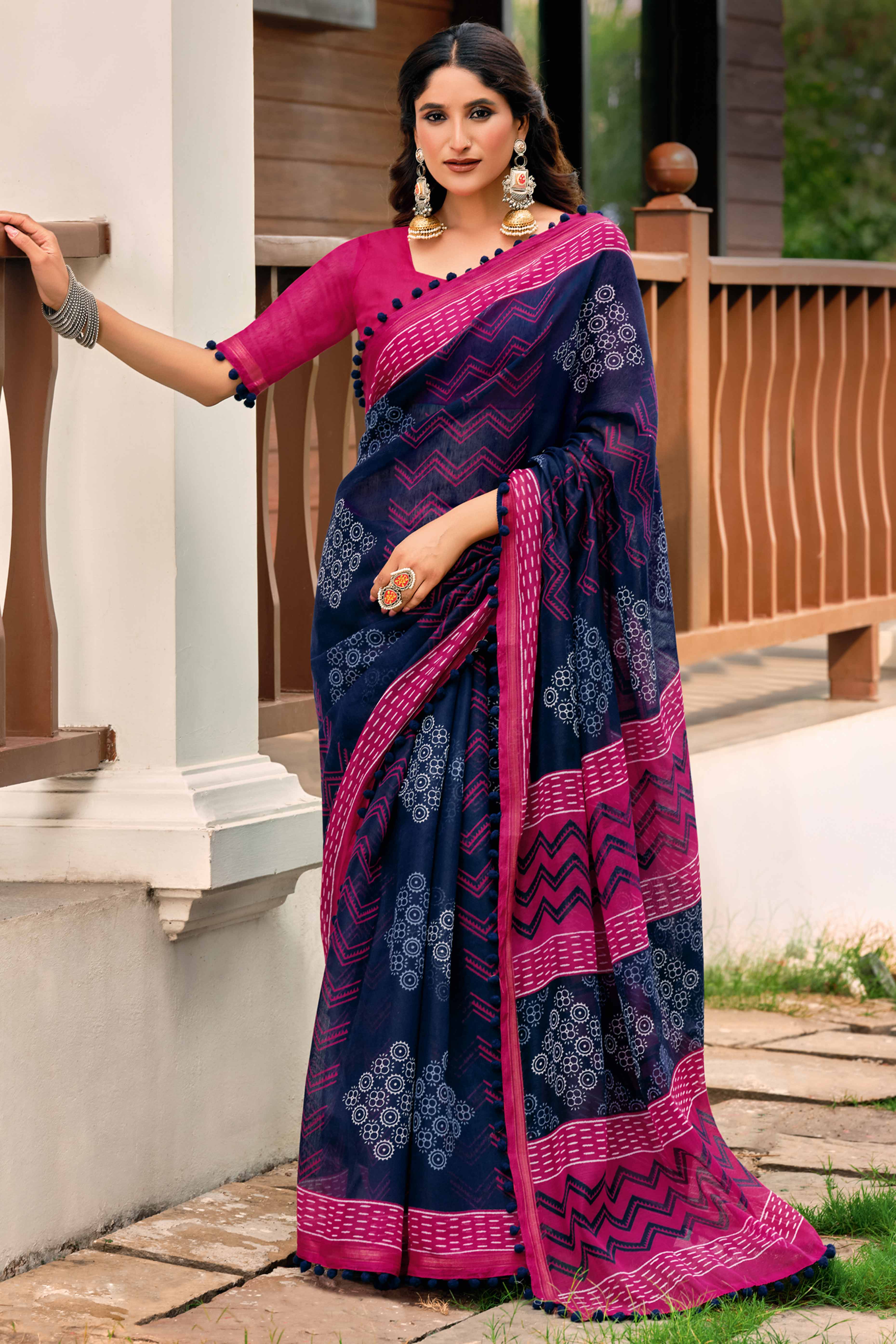Blue Cotton Saree with Modern Abstract Prints and Feminine Lace Trim