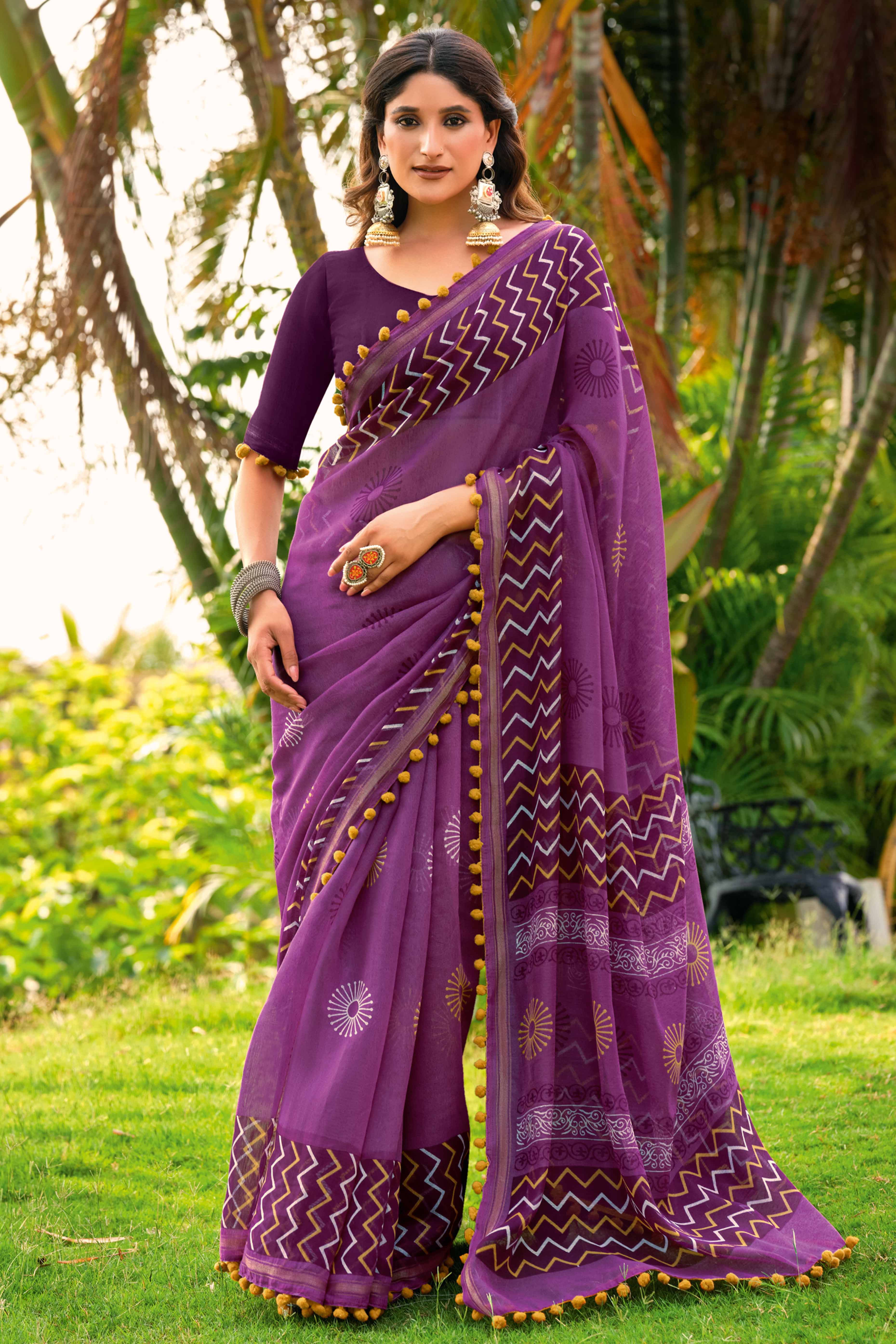 Purple Cotton Saree with Modern Abstract Prints and Feminine Lace Trim