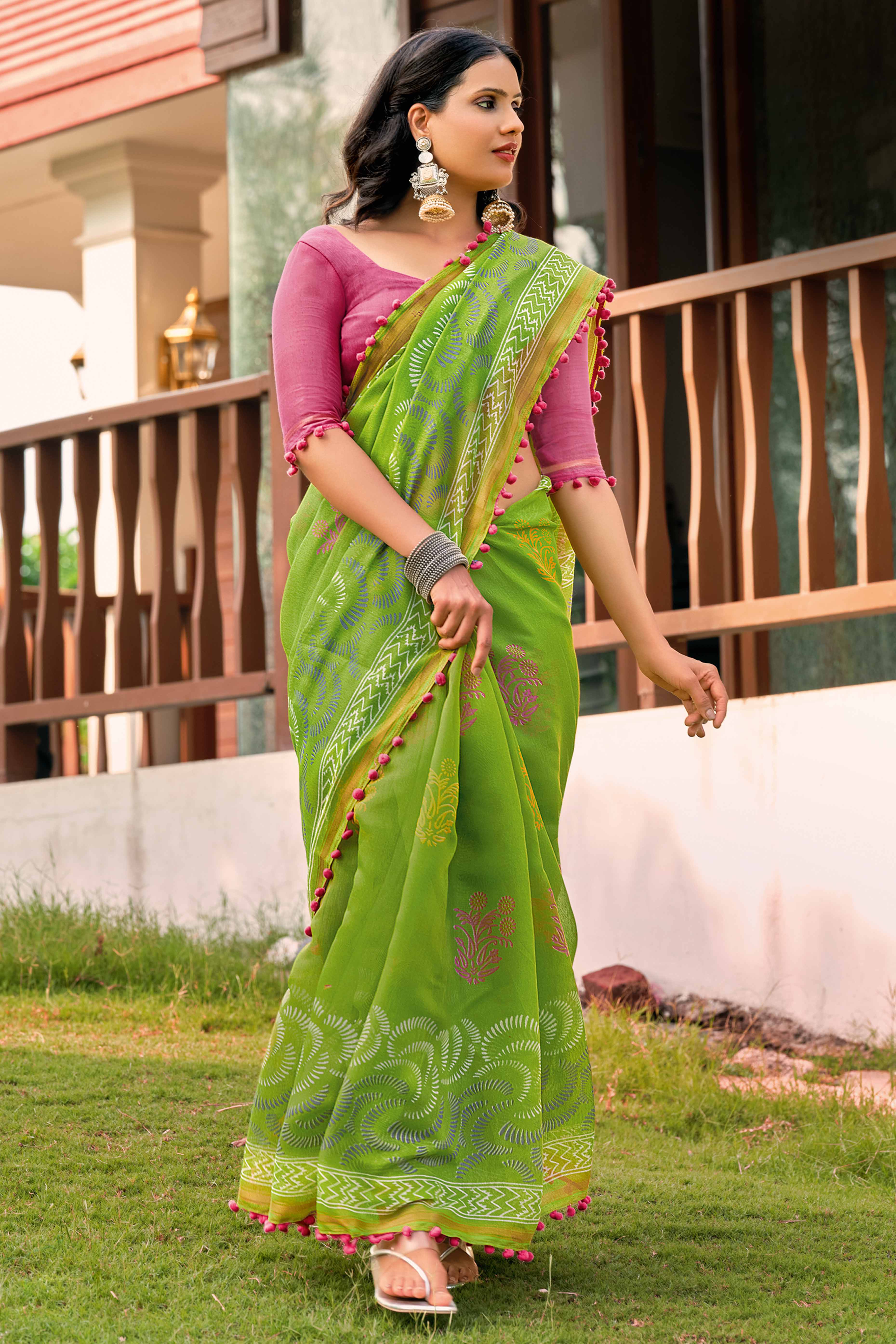 Green Cotton Saree with Modern Abstract Prints and Feminine Lace Trim