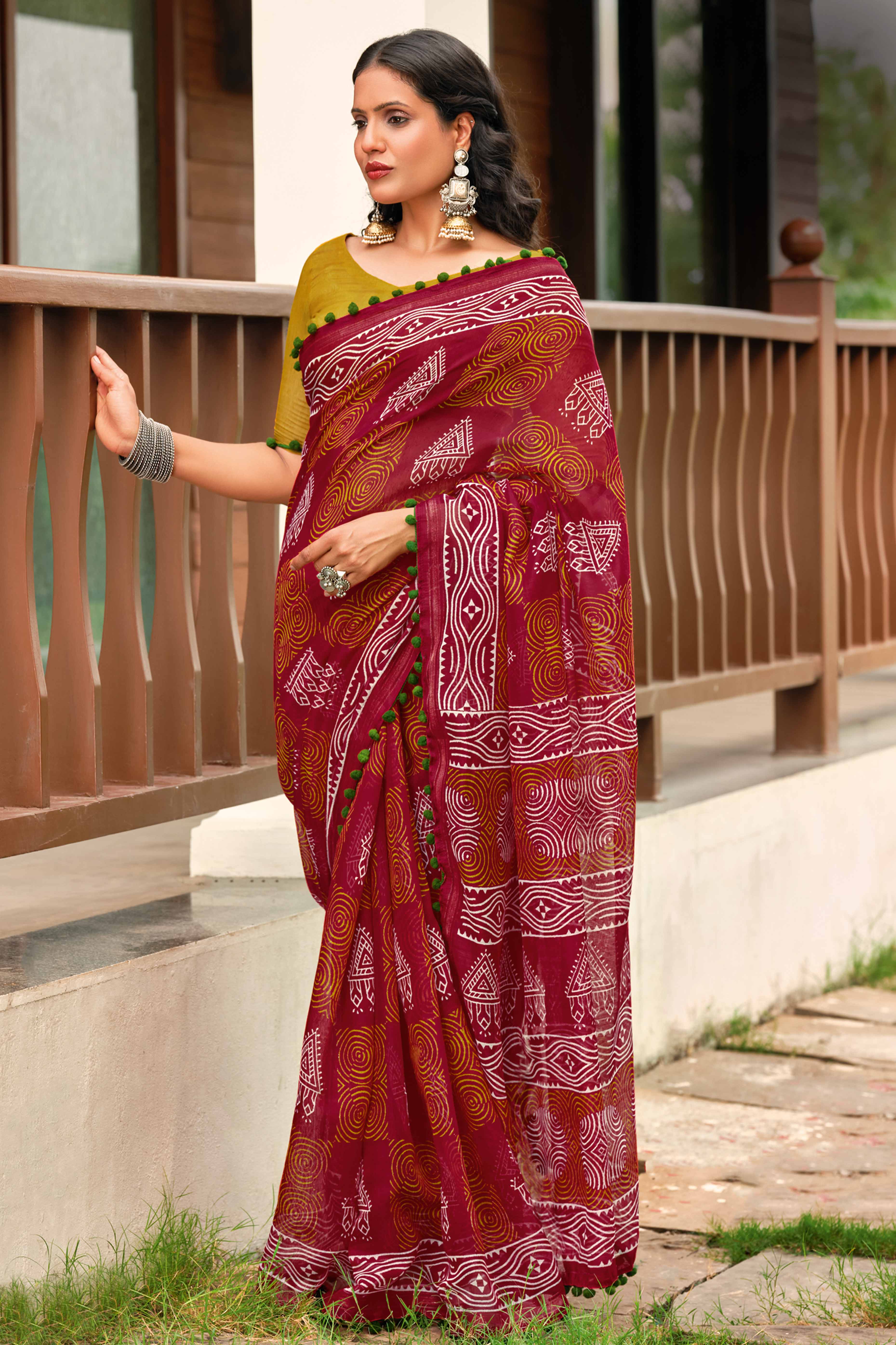 Maroon Cotton Saree with Modern Abstract Prints and Feminine Lace Trim