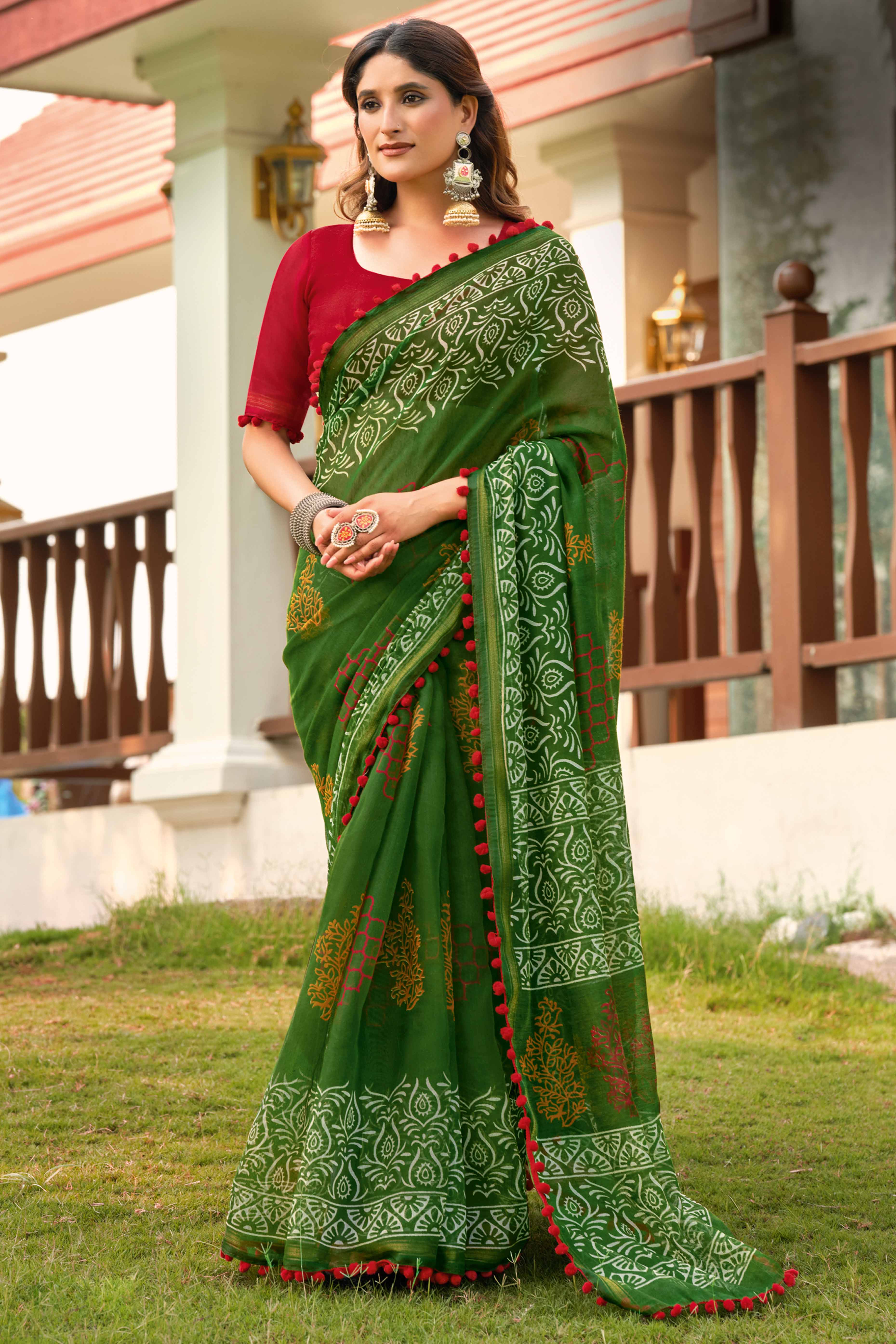 Green Cotton Saree with Modern Abstract Prints and Feminine Lace Trim