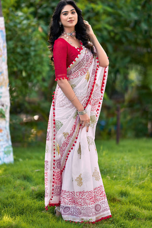 White Saree in Soft Mulmul Cotton with Abstract Motifs