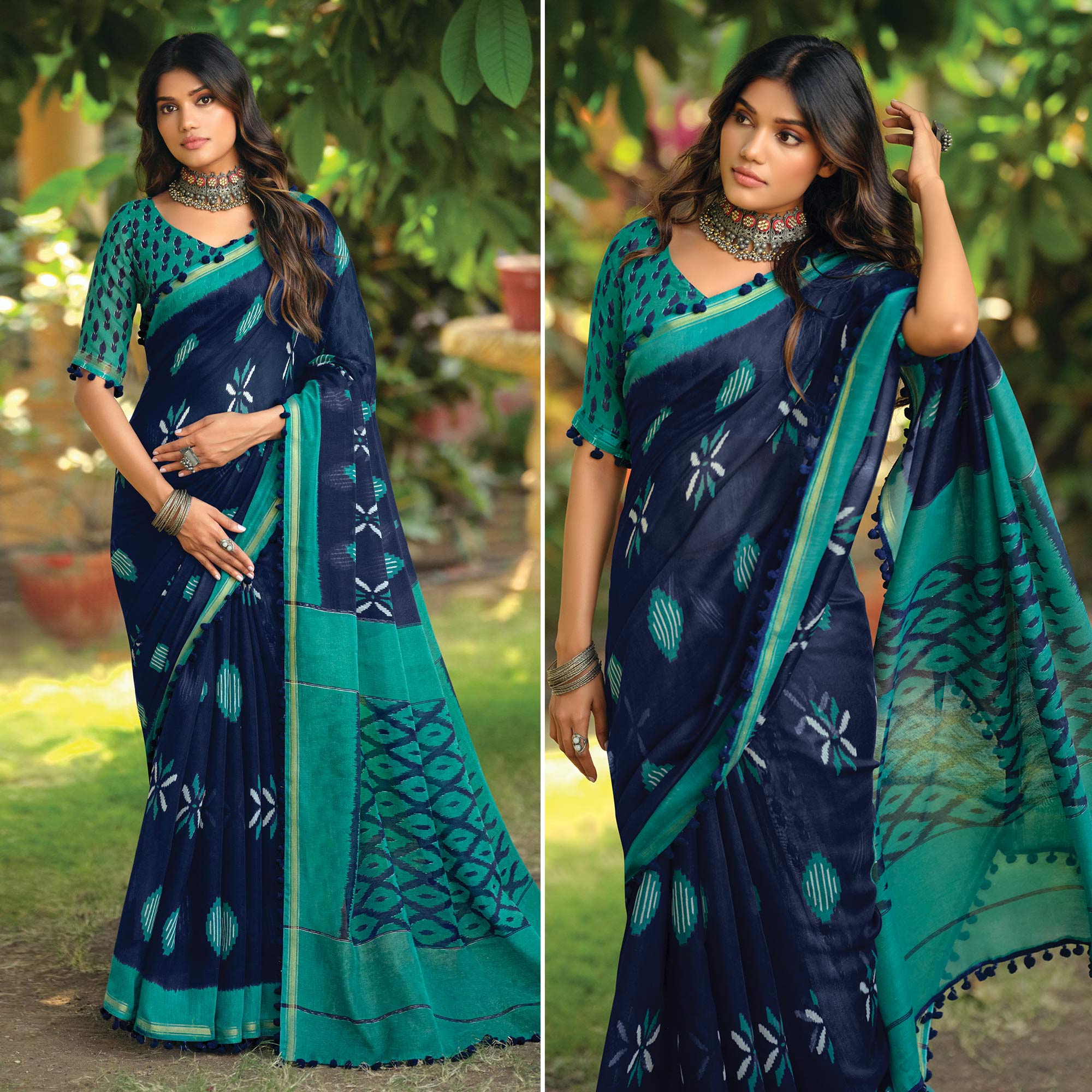 Blue Printed Cotton Blend Saree With Pumpum Lace