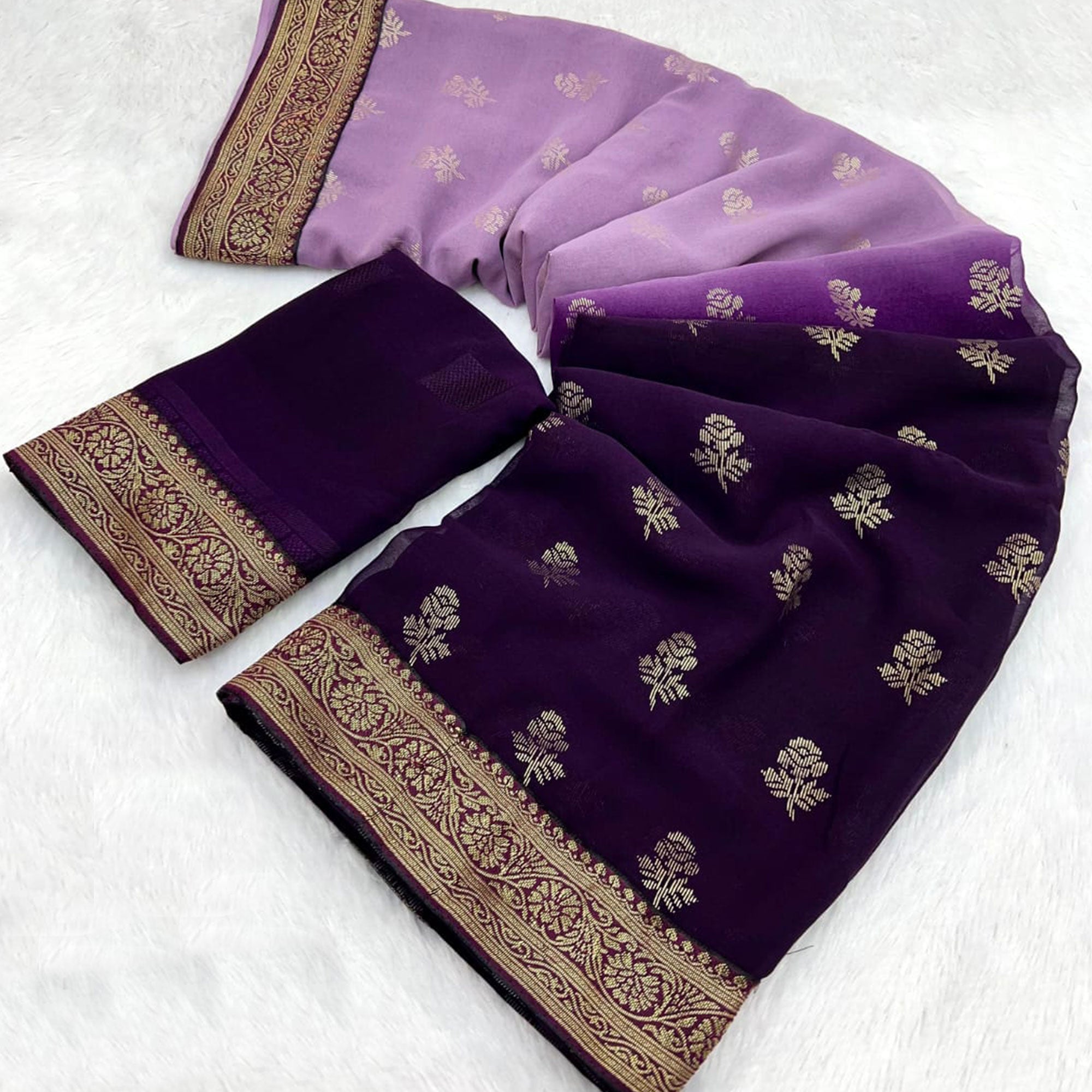 Purple & Lavender Floral Foil Printed Georgette Saree Woven Saree