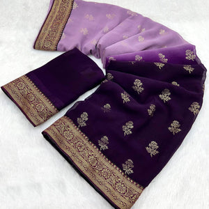 Purple & Lavender Floral Foil Printed Georgette Saree Woven Saree