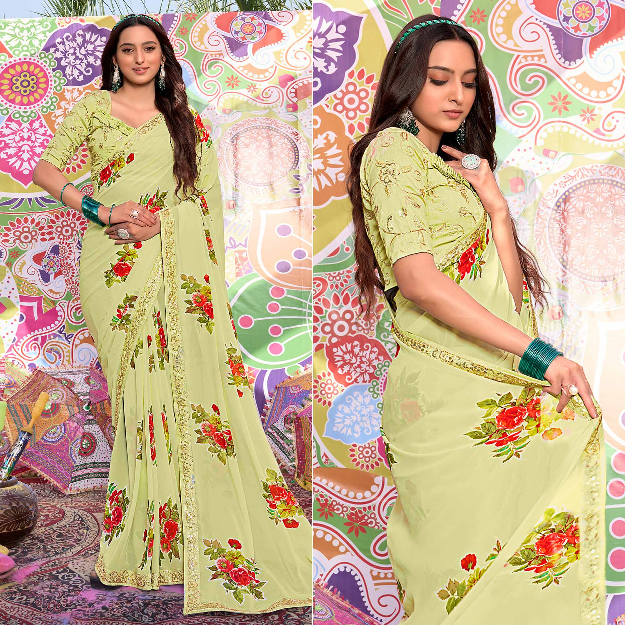 Green Floral Printed Georgette Saree With Sequins Work Border