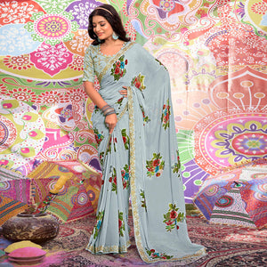 Blue Floral Printed Georgette Saree With Sequins Work Border