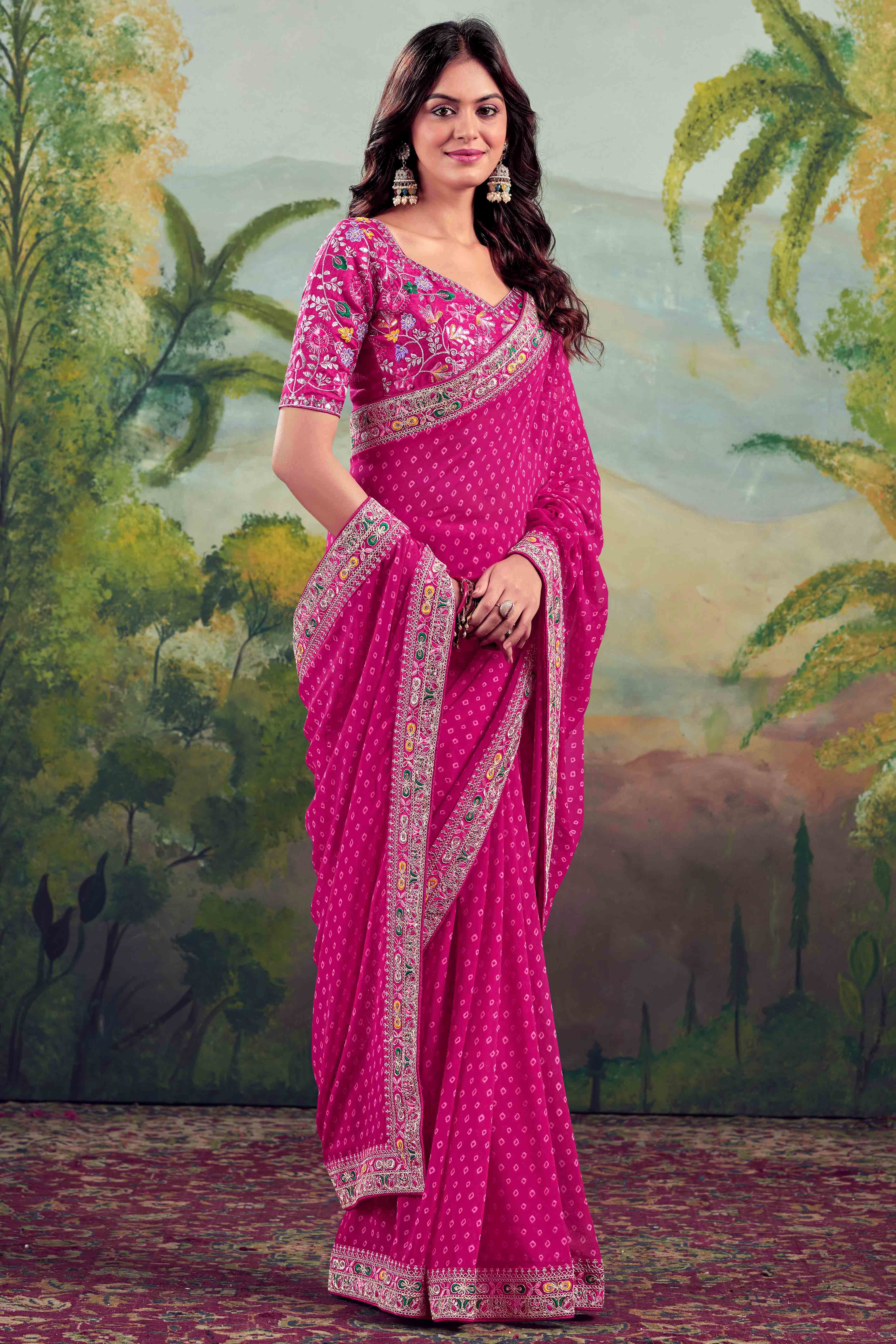 Pink Bandhani Printed Georgette Saree With Embroidered Border