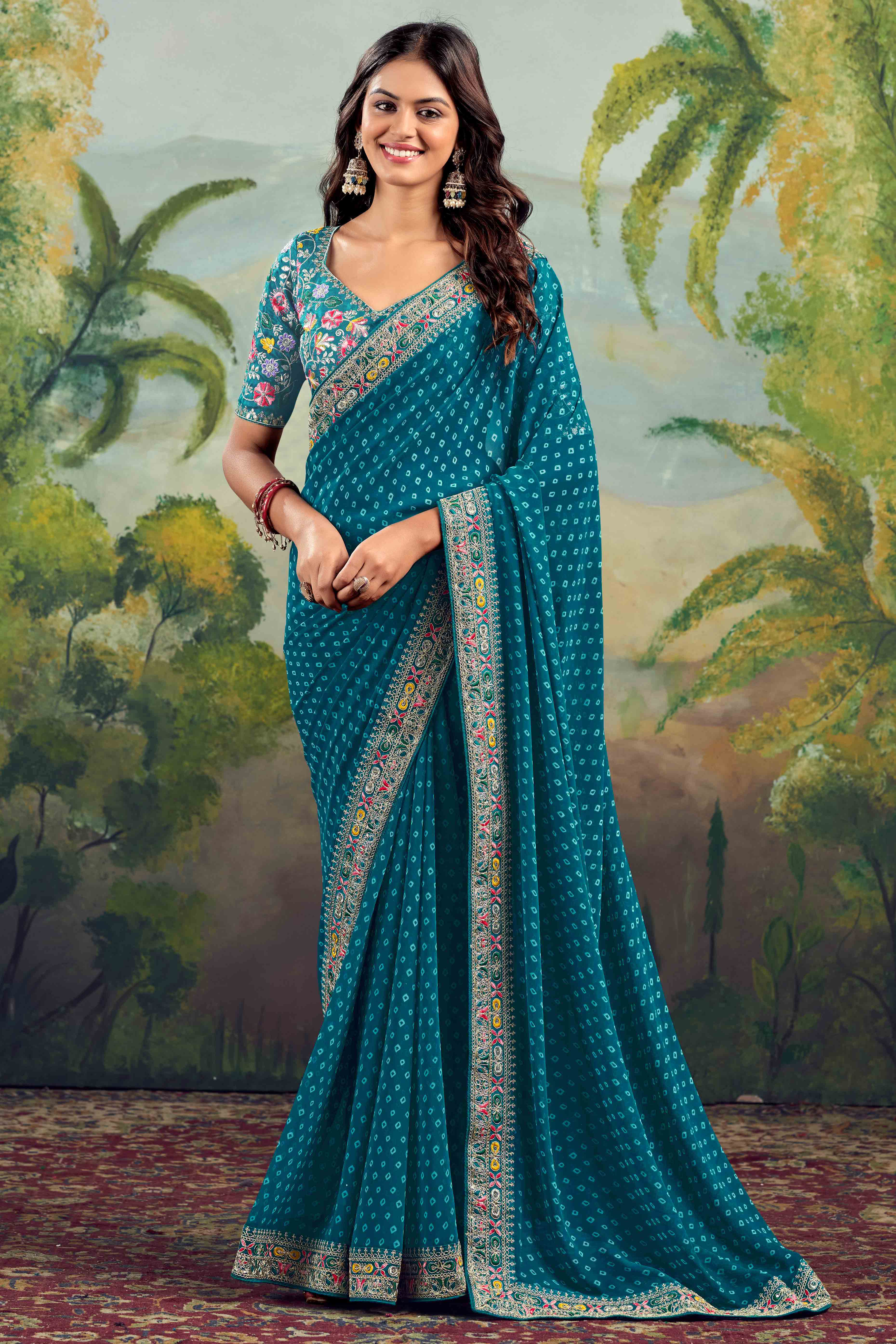 Teal Bandhani Printed Georgette Saree With Embroidered Border