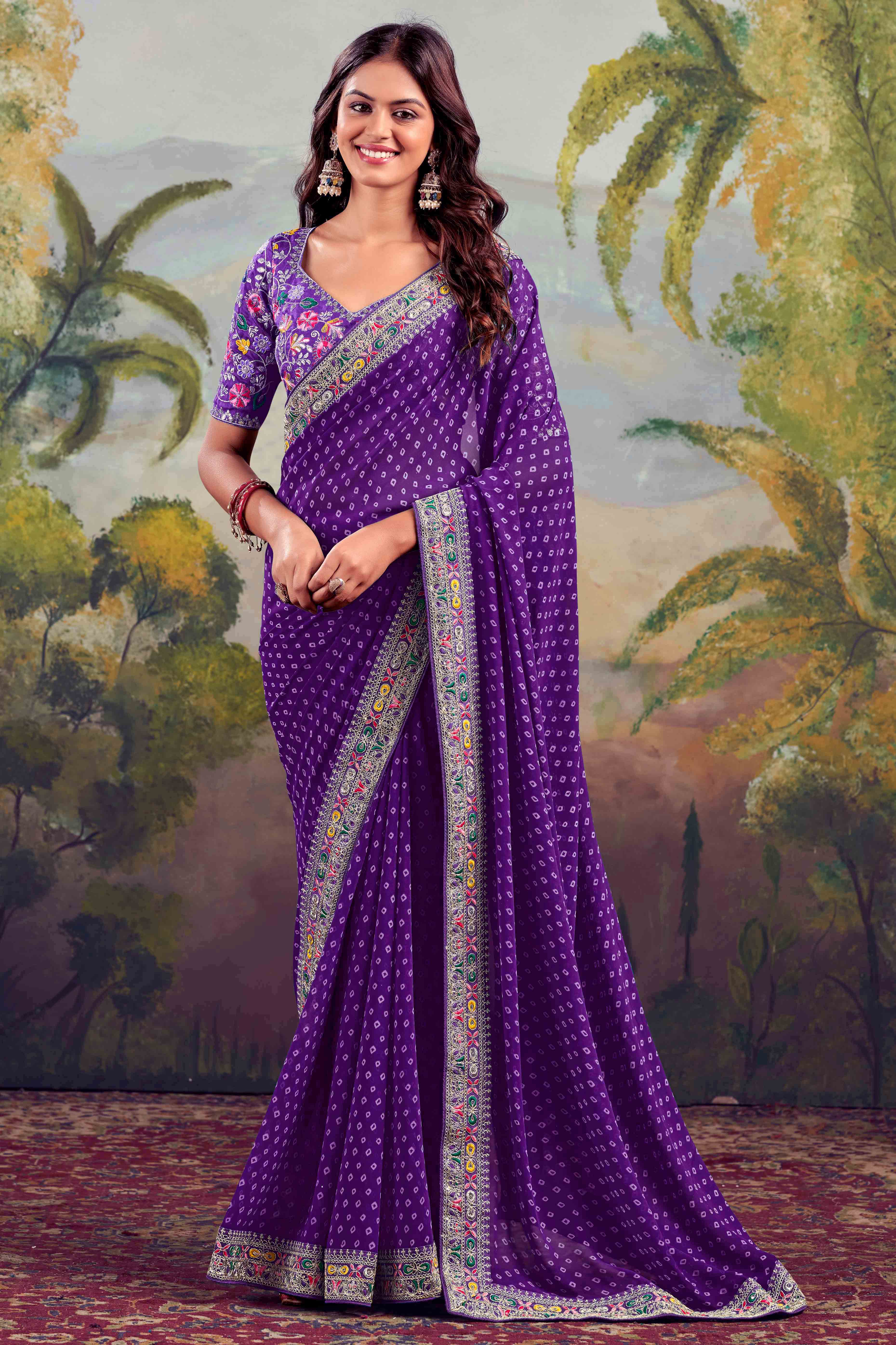 Purple Bandhani Printed Georgette Saree With Embroidered Border