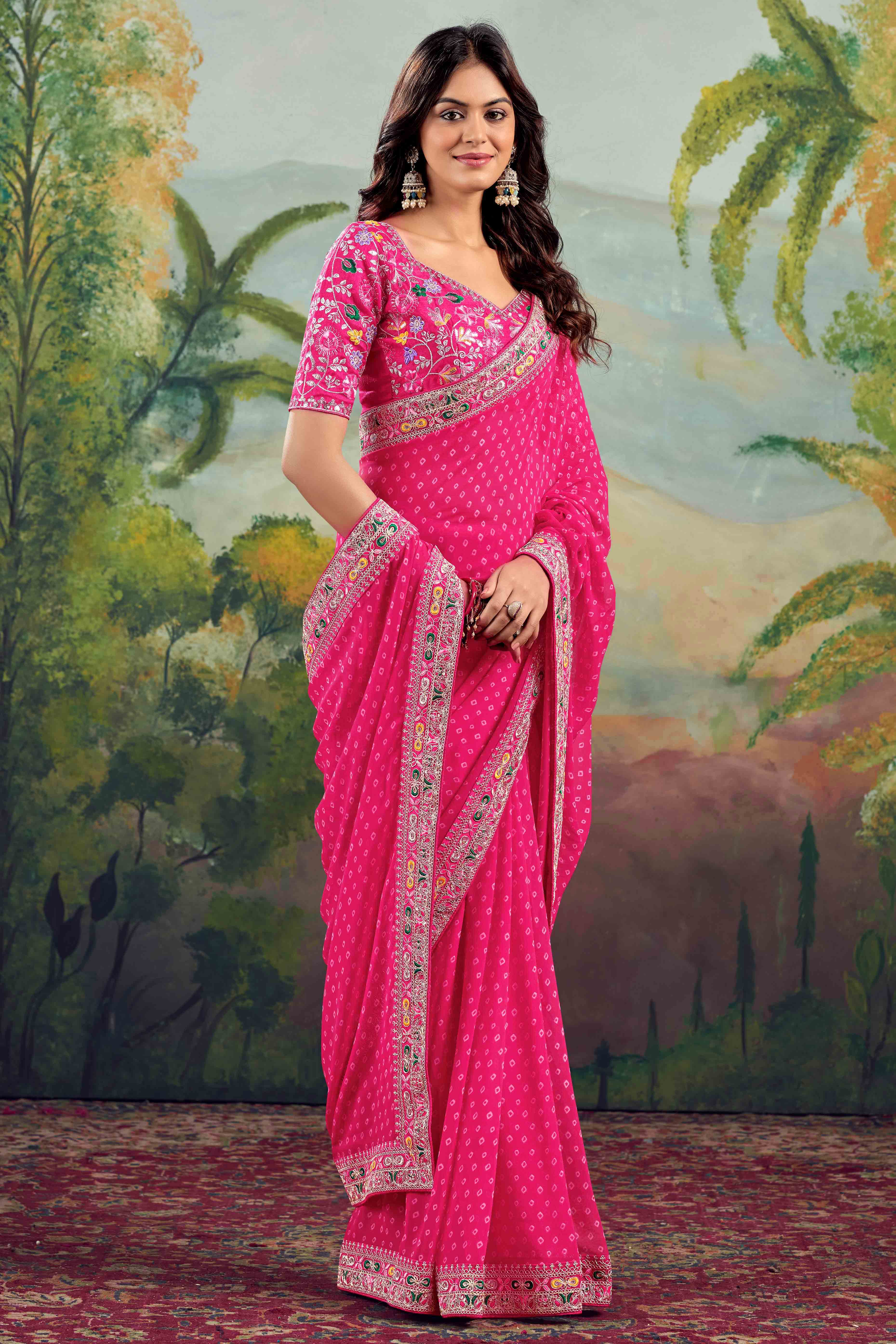 Gajri Pink Bandhani Printed Georgette Saree With Embroidered Border