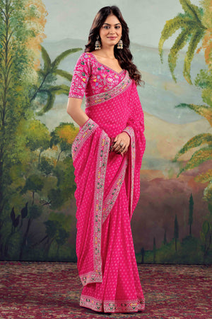 Gajri Pink Bandhani Printed Georgette Saree With Embroidered Border