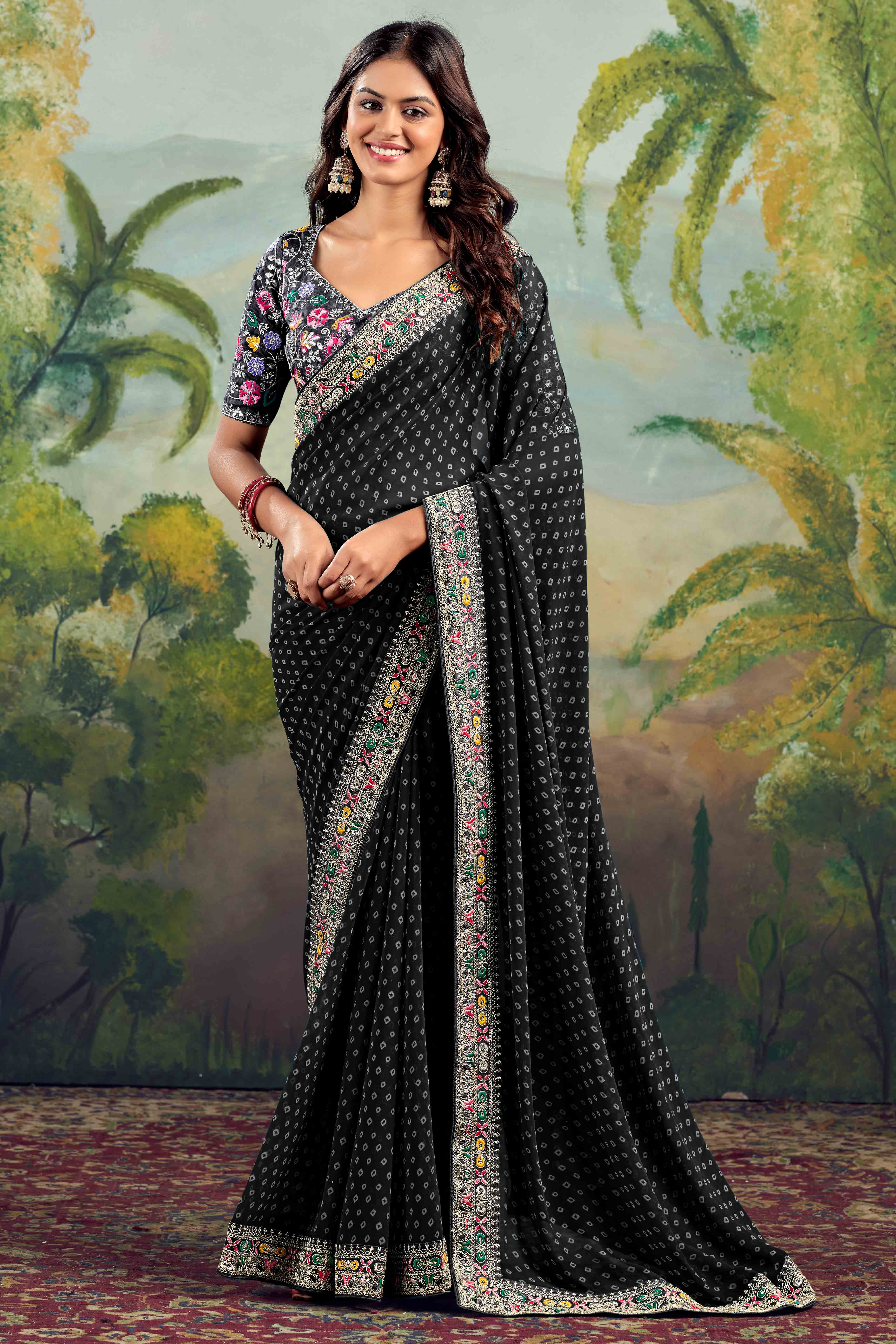 Black Bandhani Printed Georgette Saree With Embroidered Border