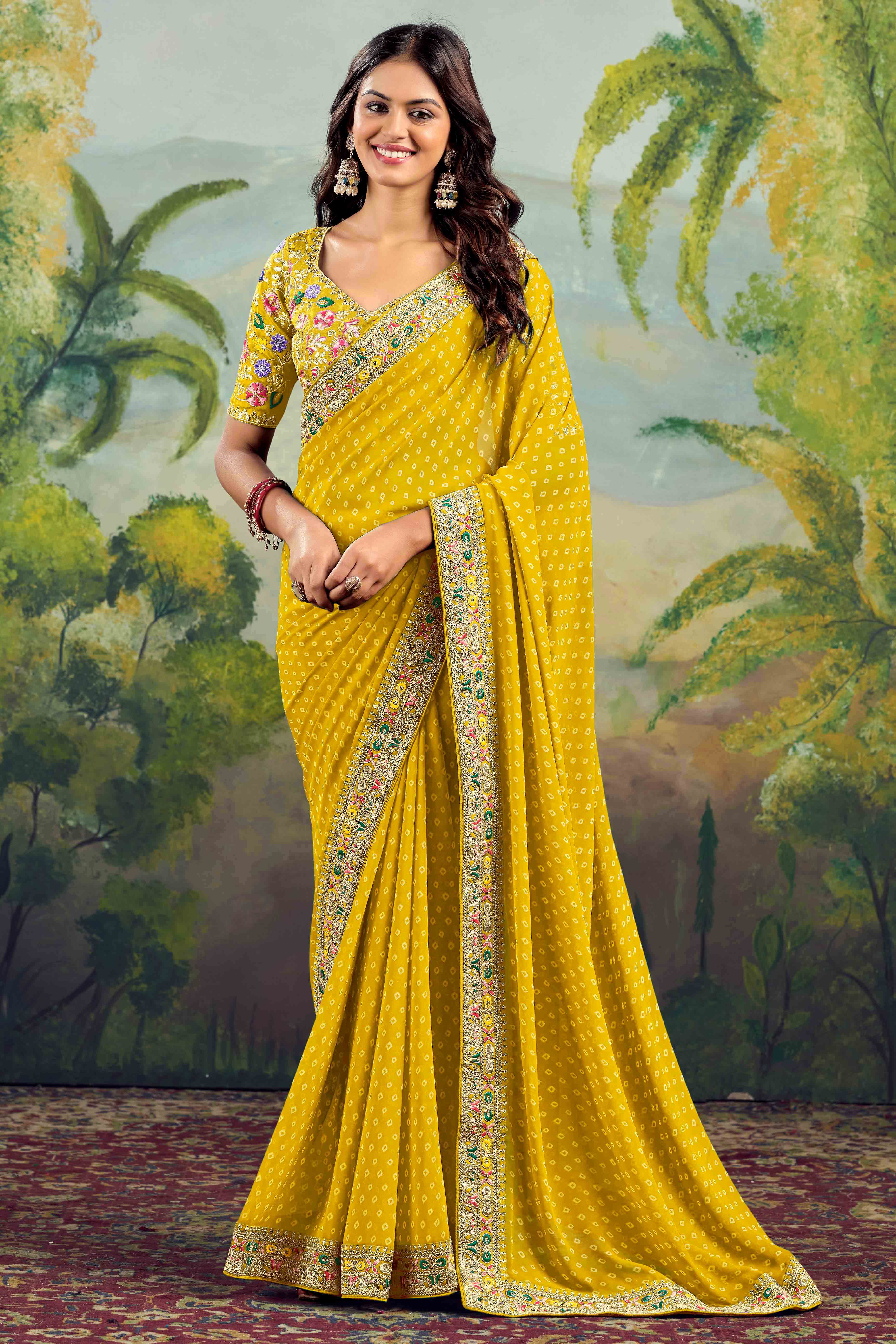 Mustard Bandhani Printed Georgette Saree With Embroidered Border