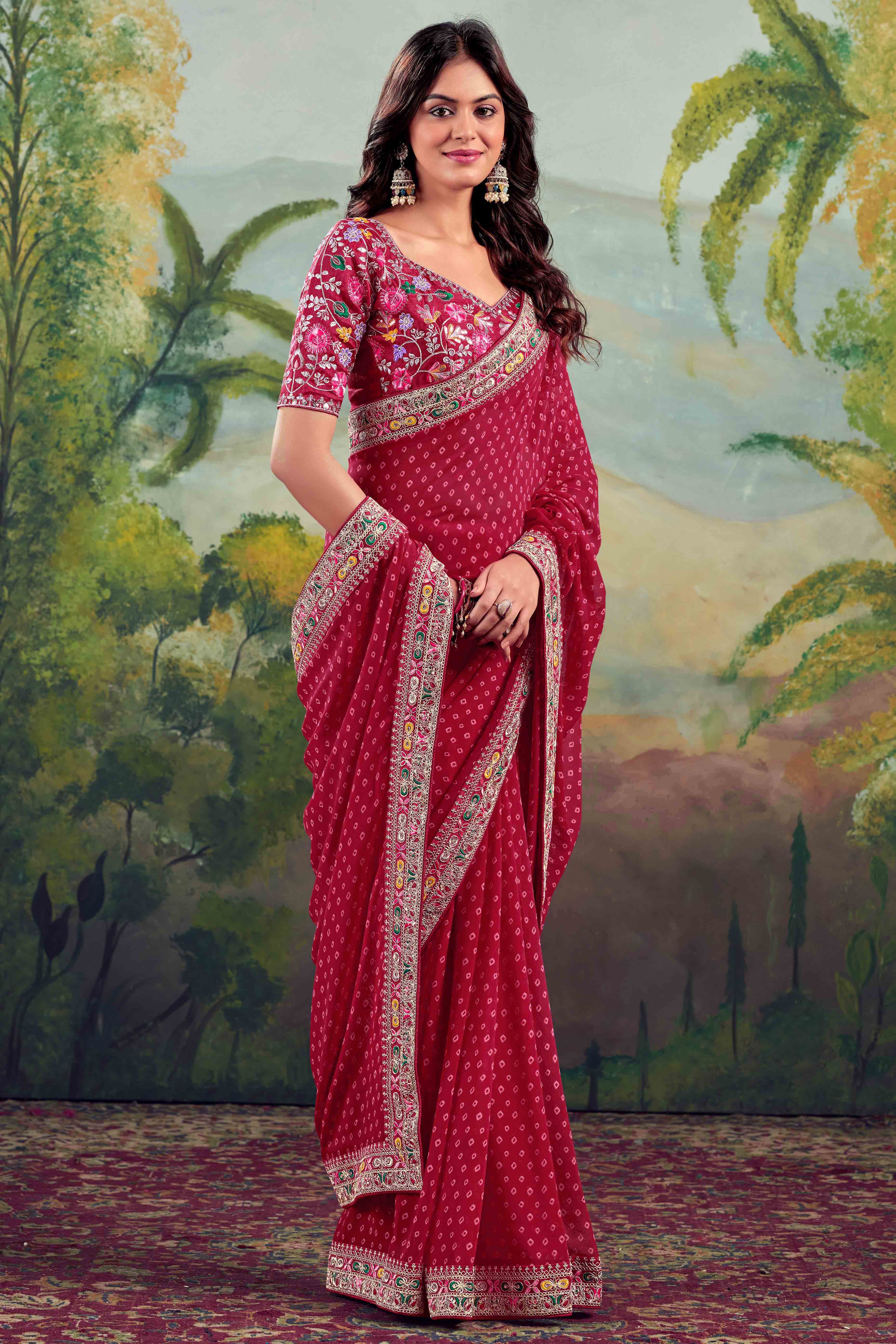 Maroon Bandhani Printed Georgette Saree With Embroidered Border