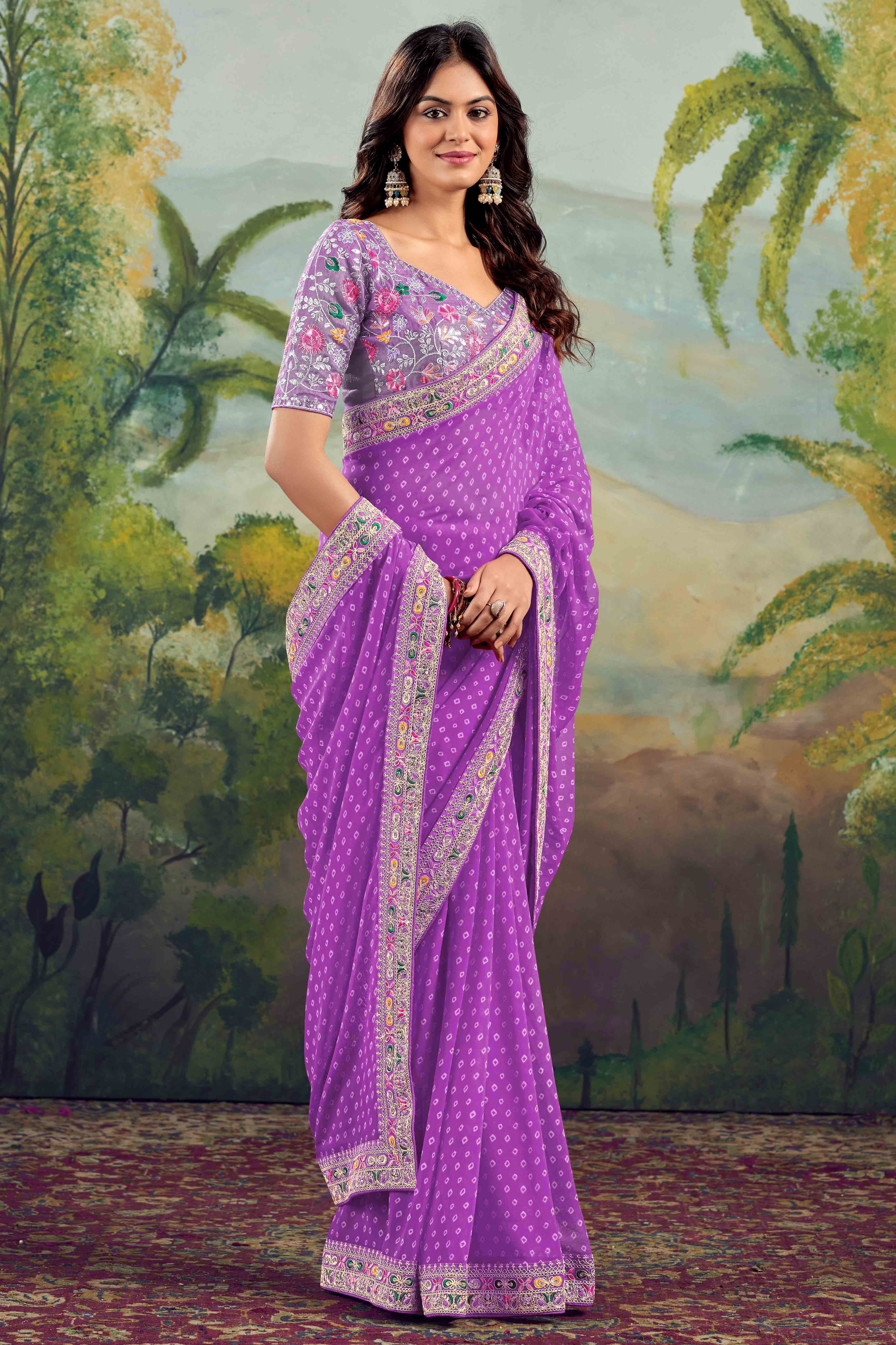 Purple Bandhani Printed Georgette Saree With Embroidered Border