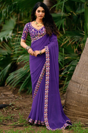Royal Purple Striped Printed Georgette Saree With Shimmering Sequin Embroidered Border