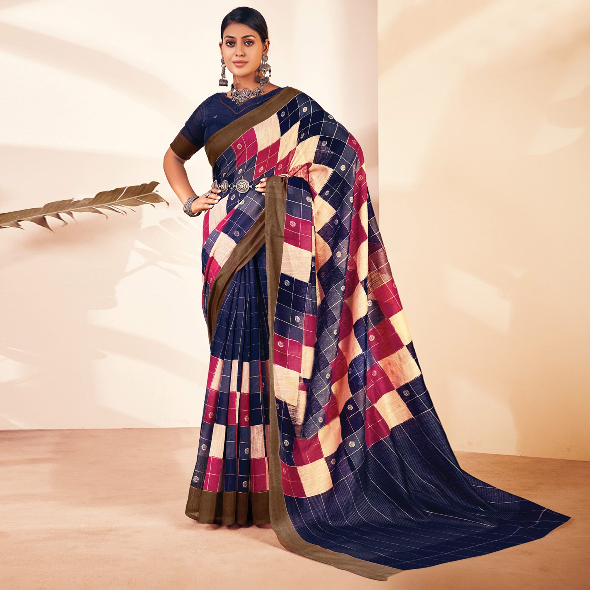 Blue Checks Printed Cotton Blend Saree