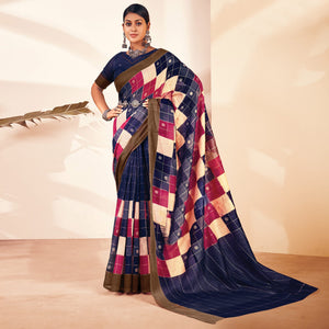 Blue Checks Printed Cotton Blend Saree